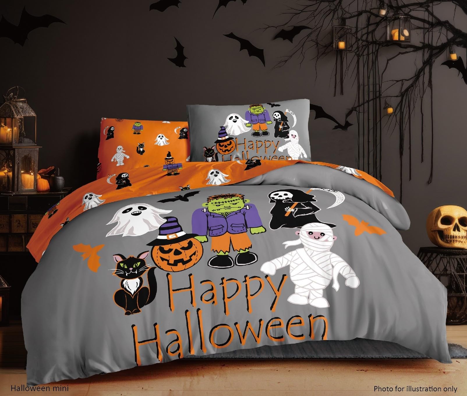 Charlotte Andersen Grey / Orange Halloween Bedding Double Duvet Cover Set Haunted Mini Monsters Reversible Soft Orange Bed Linen (Double)