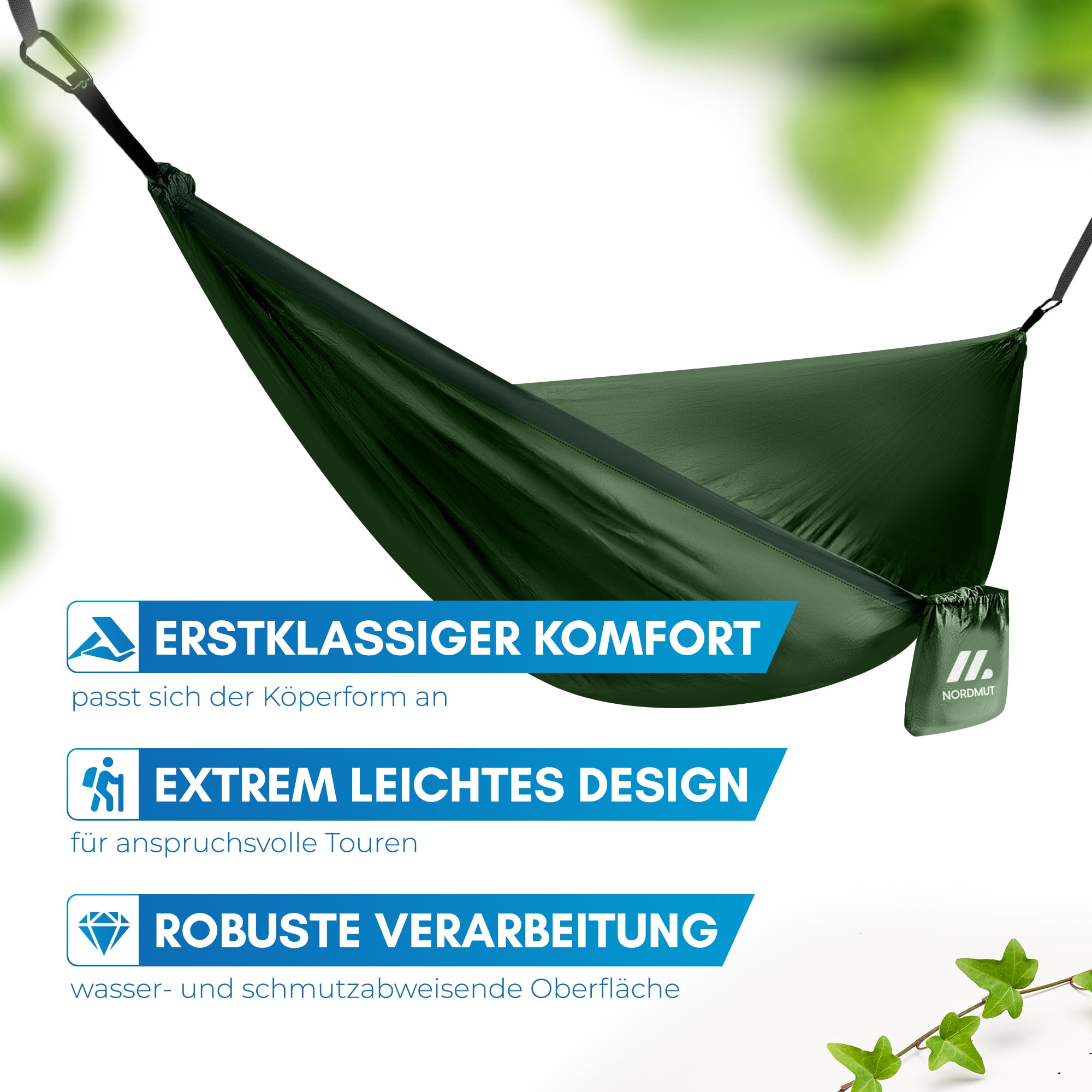 NORDMUT® Ultraleichte Hängematte Outdoor [mit Befestigungs-Set] Camping Hängematte inkl. Baumschutz-Set für Camping, Outdoor und Garten - max. Belastbarkeit 300 kg