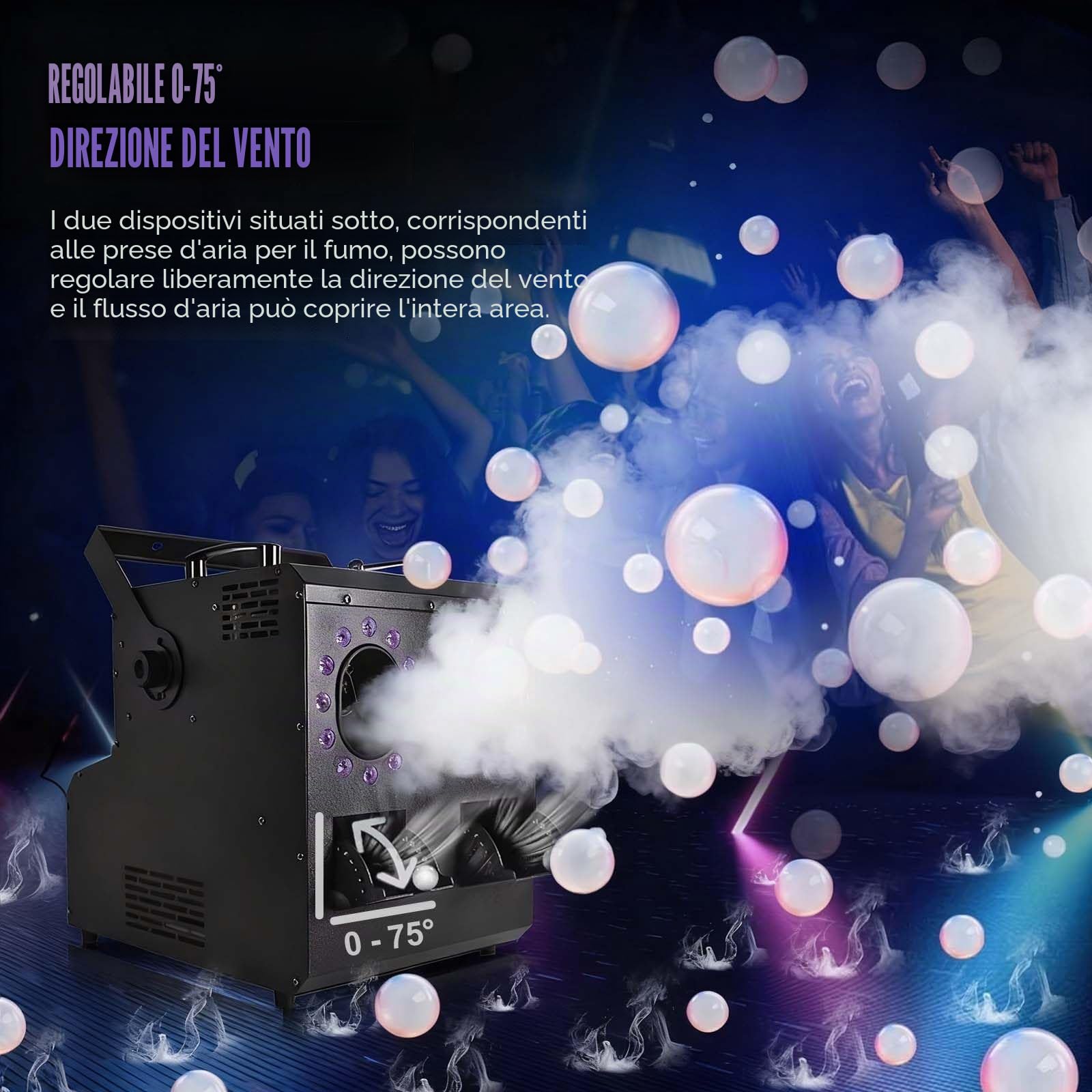 Macchina Spara Bolle di Sapone Professionale con Effetto Fumo E 24 Luci LED Rgbw, Telecomando, Timer, Controllo DM×, Pannello di Controllo LCD - Oltre 10.000 Bolle Galleggianti DualNozzle