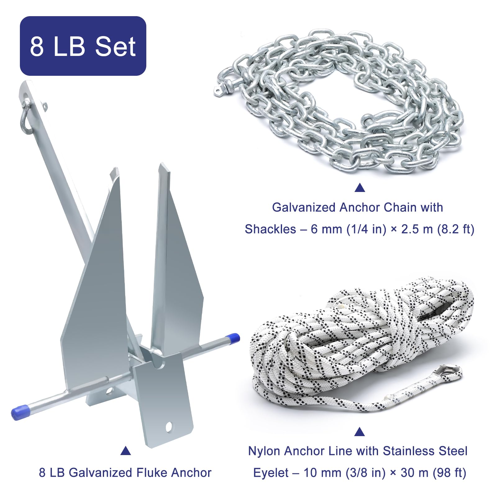 El kit de anclaje galvanizado Danforth Fluke incluye anclaje galvanizado, cuerda, grilletes, cadena de 8 libras o 10 libras