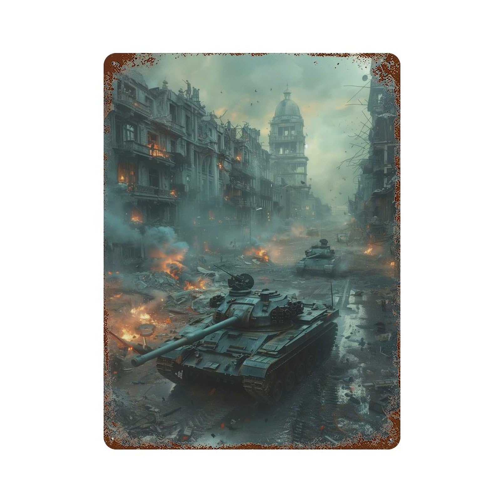 Weathered Tin Sign Tanks Urban Warfare 15.7"x11.8", Rustic Home Decor for Bistro, Counter And Cafe Decor
