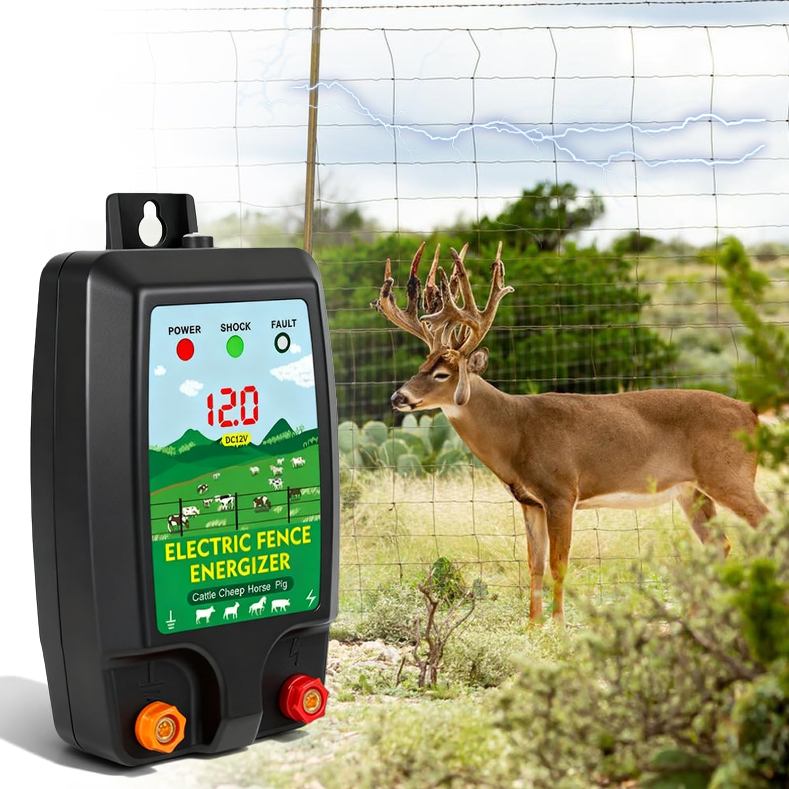 Valla eléctrica para pastos de 12 V con indicador LED, resistente al agua, 10 km, alcance de 1,5 – 2 julios, resistente al agua, dispositivo eléctrico para protección de animales de granja, mascotas