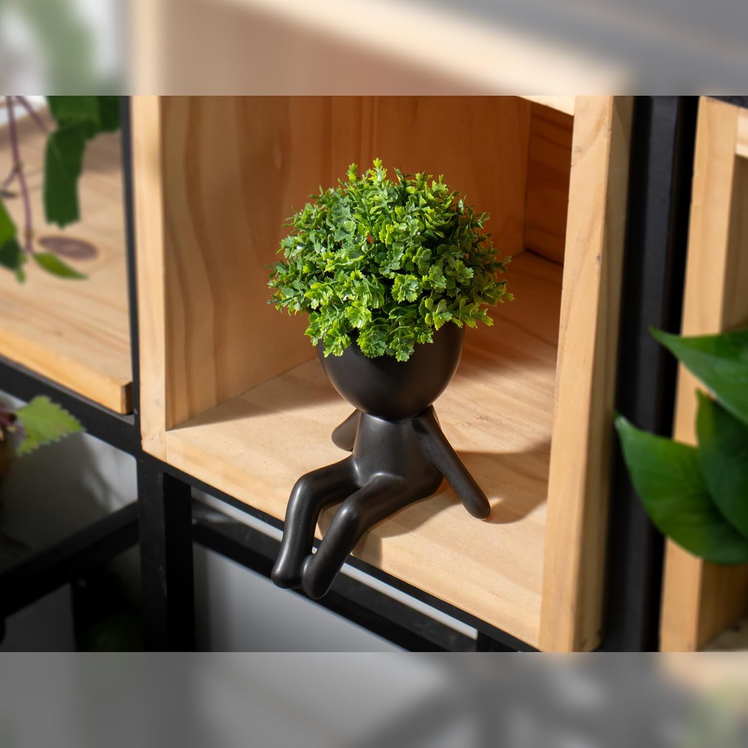 Zerzsy 4 Pack Cute Small Fake Plants with Creative Human Shaped Pots, Fake Plants Artificial Greenery Potted for Home Decor Indoor Shelf Desk Tabletop (Black)