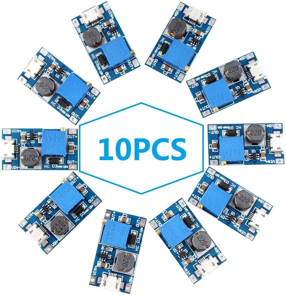 Eiechip dc to dc Step up Converter DC Voltage Regulator Voltage Converter Step Up dc Boost Converter USB Power Module Supply Module 2V-24V to 5V-28V 2A MT3608 Mico USB (Pack of 10)