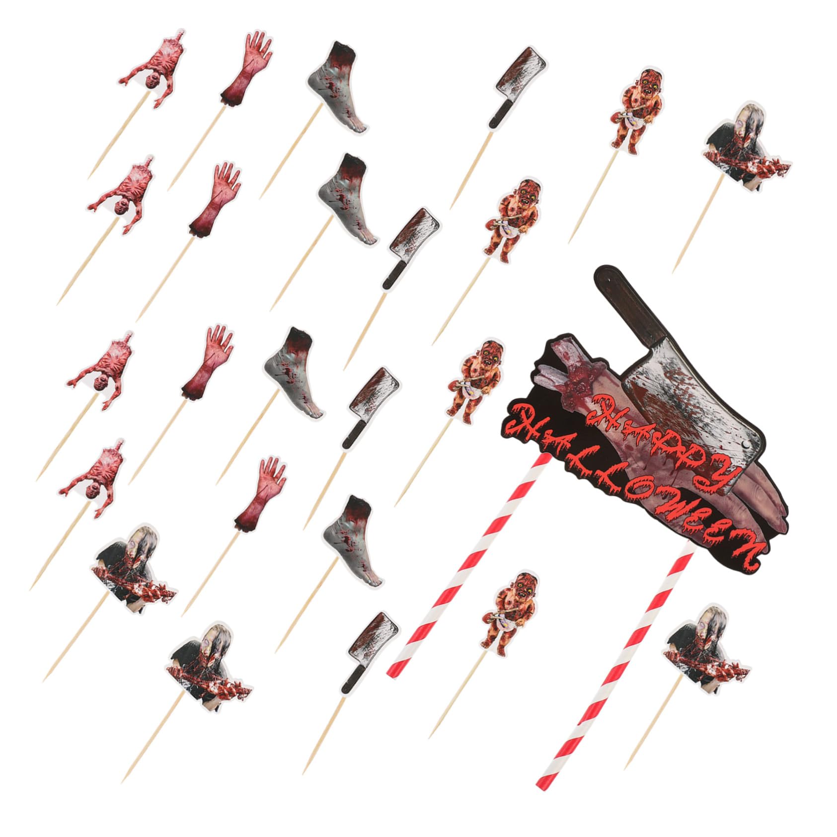 COOLHIYA1 Set Cake Insert Broken Feet Happy Halloween Sign Pumpkin Dessert Decor Party Haunted House Horror Zombie Figure Figure Para Cupcakes Cake Pick Bamboo Stick Paper Cup Food