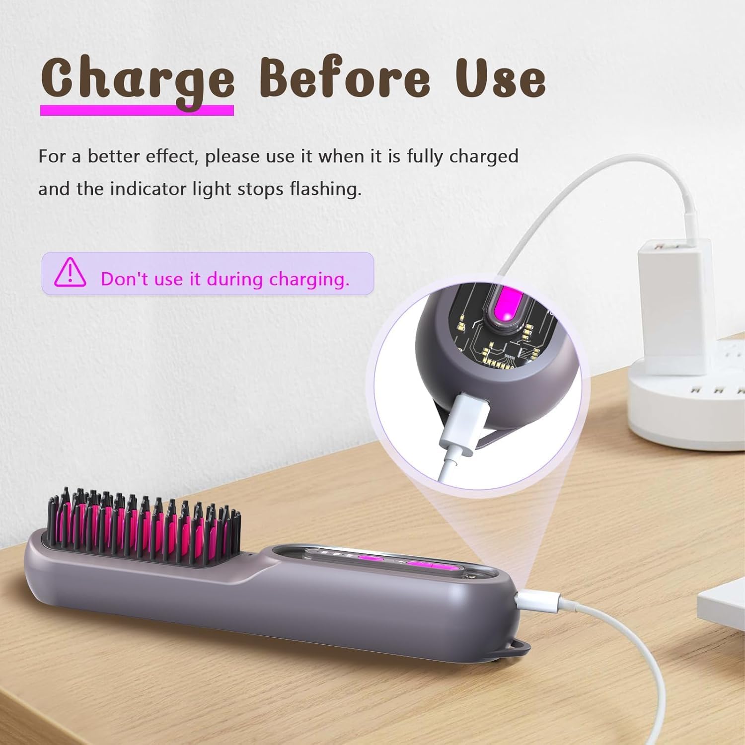 Electric Cordless Hair Straightener Brush, Portable Straightening Brush for Women, Mini Hair Straightener for Travel, High Capacity Rechargeable Fast Heating Straight Comb, 8x2x1.8inch, 0.9lb, Gray/Red Rose - Image 3