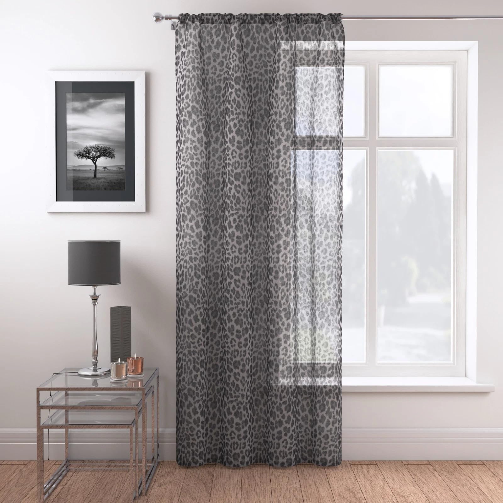 Leopard Print Single Voile Panel Net Curtain Sheer Panels Slot Top Heading (Grey 130cm (51") Wide x 137cm (54") Drop)