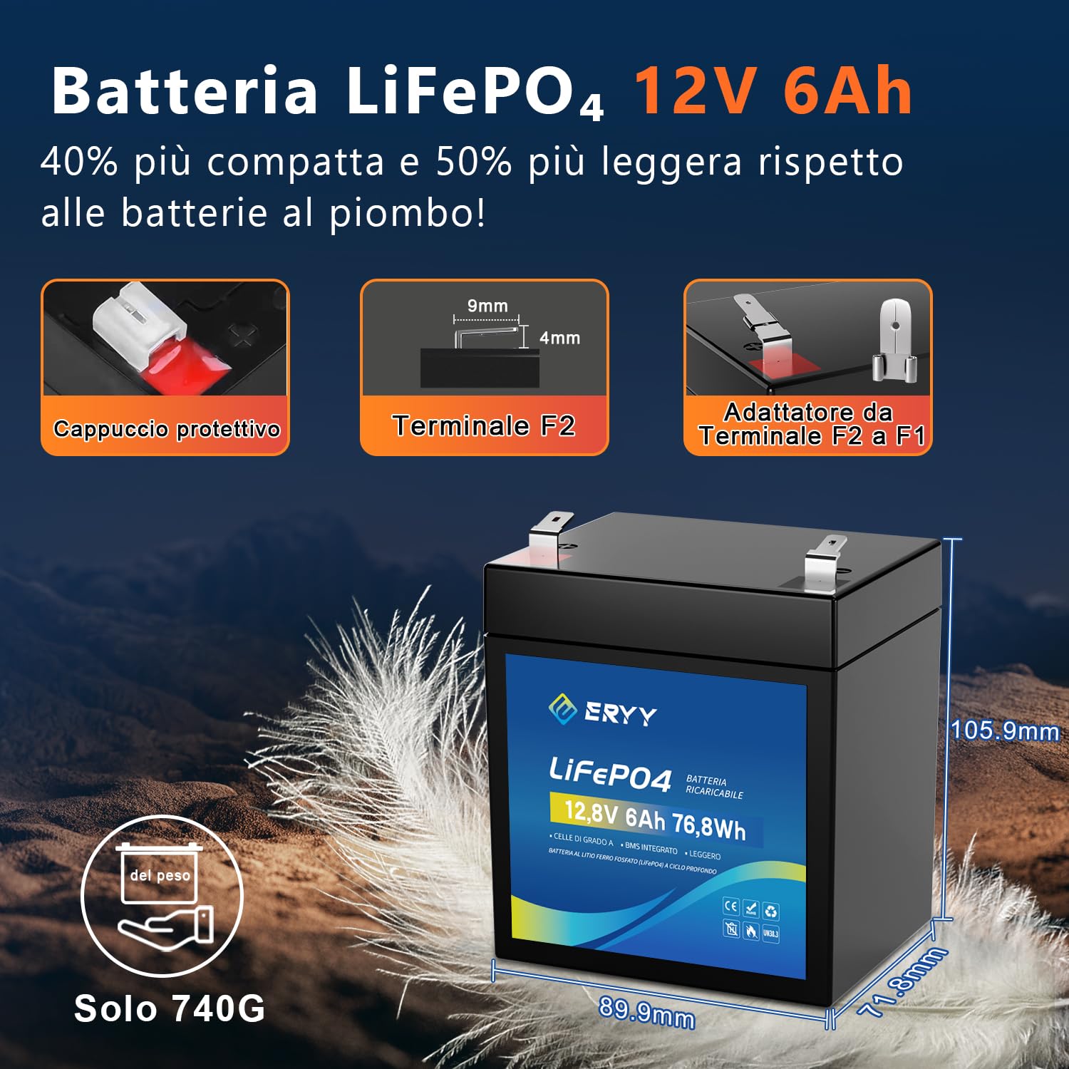 DCHOUSE Batteria Al Litio Ricaricabile LiFePO4 Da 12 V 6 Ah Con 3000 - Foto 3