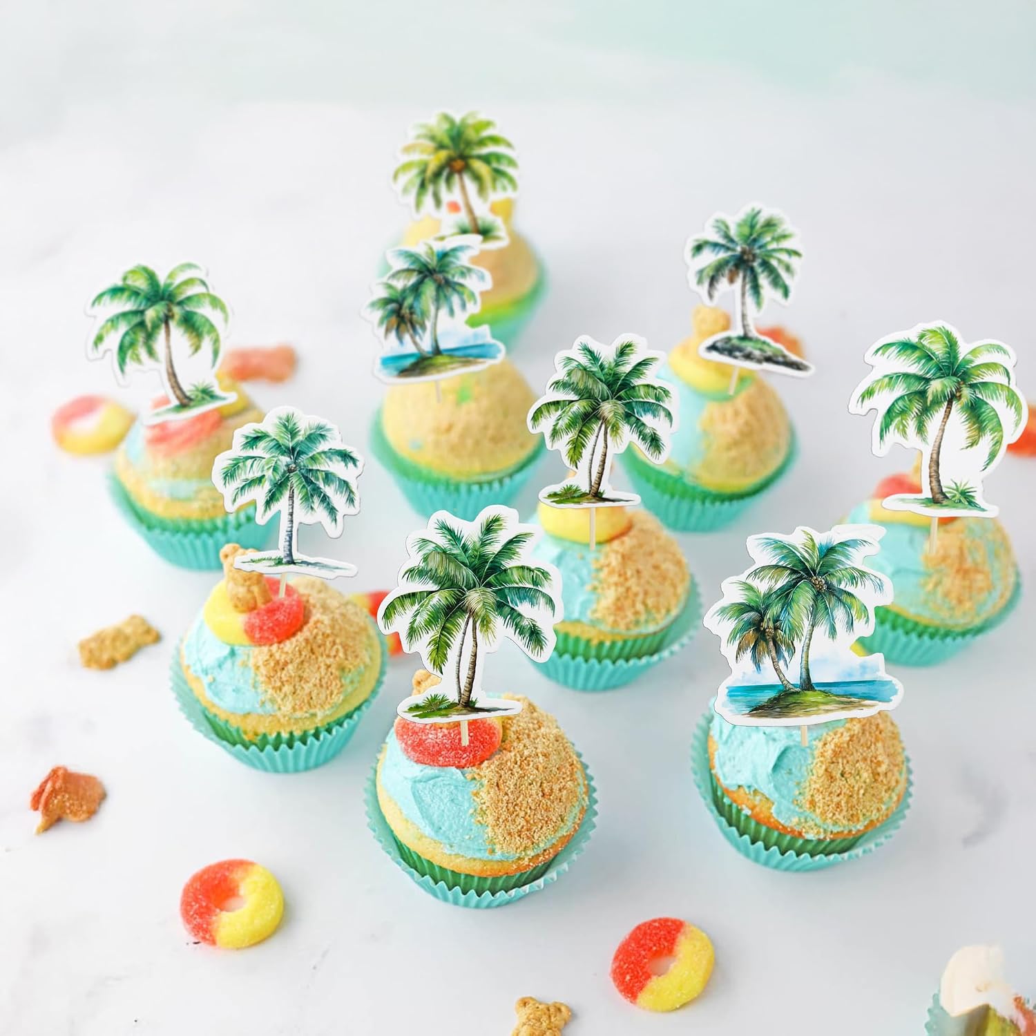 Gyufise 36Pcs Palm Tree Cupcake Toppers Double Sided Green Coconuts Cupcake Picks for Tropical Summer Beach Hawaii Luau Theme Baby Shower Birthday Party Cake Decorations Supplies Green