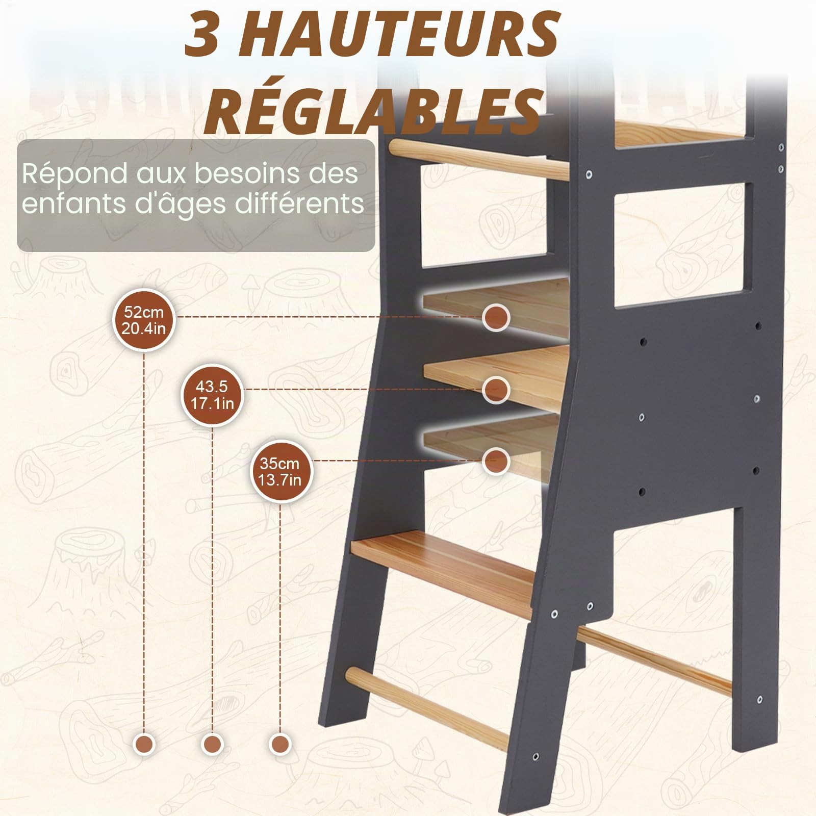 Tour d'Observation Montessori, en Bois Massif avec Garde-Corps de Sécurité, Dispositif Anti-Basculement, Tour d'Observation Enfant Evolutive, Tour d'Observation Bois Convient pour Une Chambre Enfant