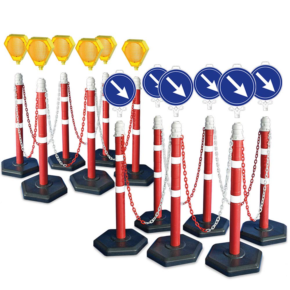 Juego de postes de cadena, 12 soportes de cadena, cadena de 22 m, 6 lámparas solares con batería, 6 carteles de guía "hacia la derecha"
