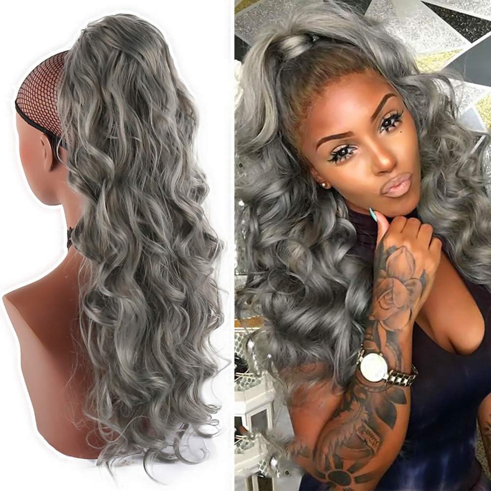 KRSI 24inch Body Wave Pontail Extensions Heat Resistant Synthetic Long Loose Wavy Mix Gray Drawstring Ponytail Extension for Black Woman (gray)