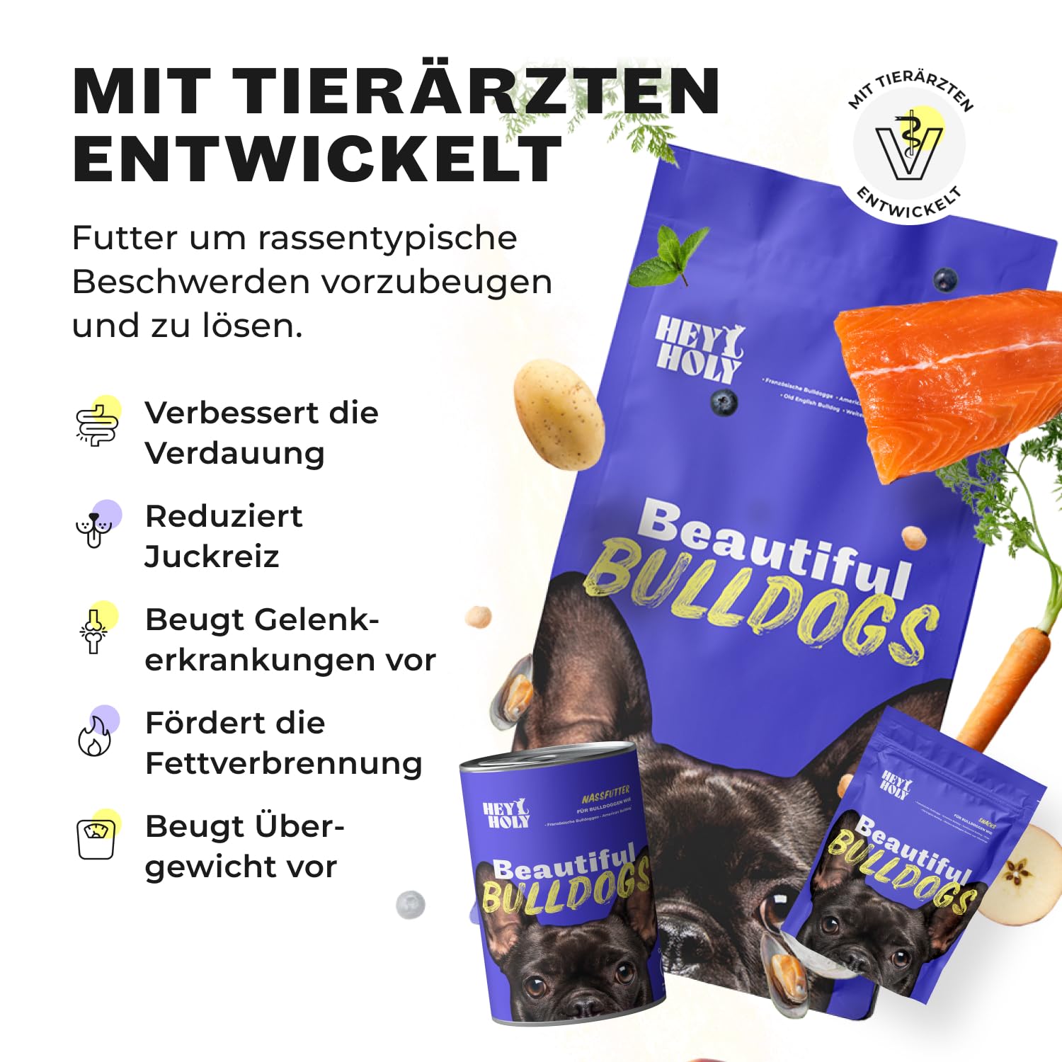 HEY HOLY Set 7 kg Premium Trockenfutter, 6 x 375 g Nassfutter & 1 x 200 g Snacks für Bulldoggen | 100% hypoallergen & getreidefrei | Hundefutter & Leckerlis für ausgewachsene Bulldoggen mit Lachs