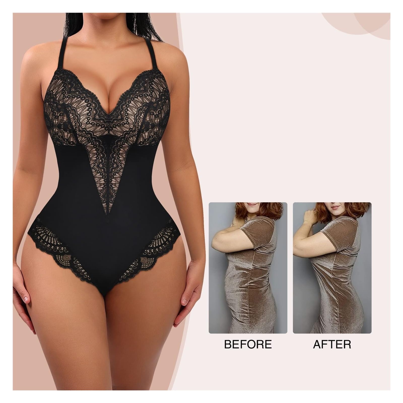 Body in Pizzo per Donna, Modellante, con Scollo a V, Senza Schienale, Contenitivo, Perizoma, Modellante Sexy