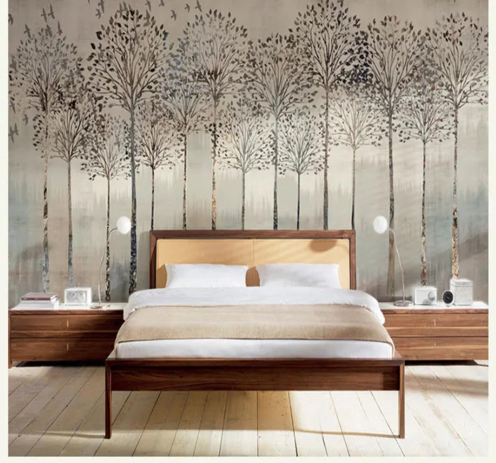 Xlming 200Cm×140Cm(B×H) Retro Hand Drawn Forest Birds Landscape 3D Wallpaper Silky Texture Home Study Office Grey Dining Room Sofa Bedroom Living Room Tv Backdrop-200Cm×140Cm