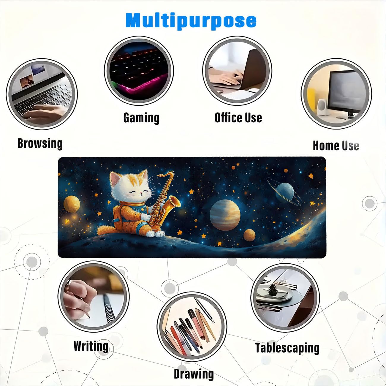Tappetino per mouse con gatto e stronauta con simpatico sassofono spaziale, tappetino da scrivania esteso con bordo cucito, base antiscivolo, per ufficio, tastiera del computer portatile, casa, 80 x