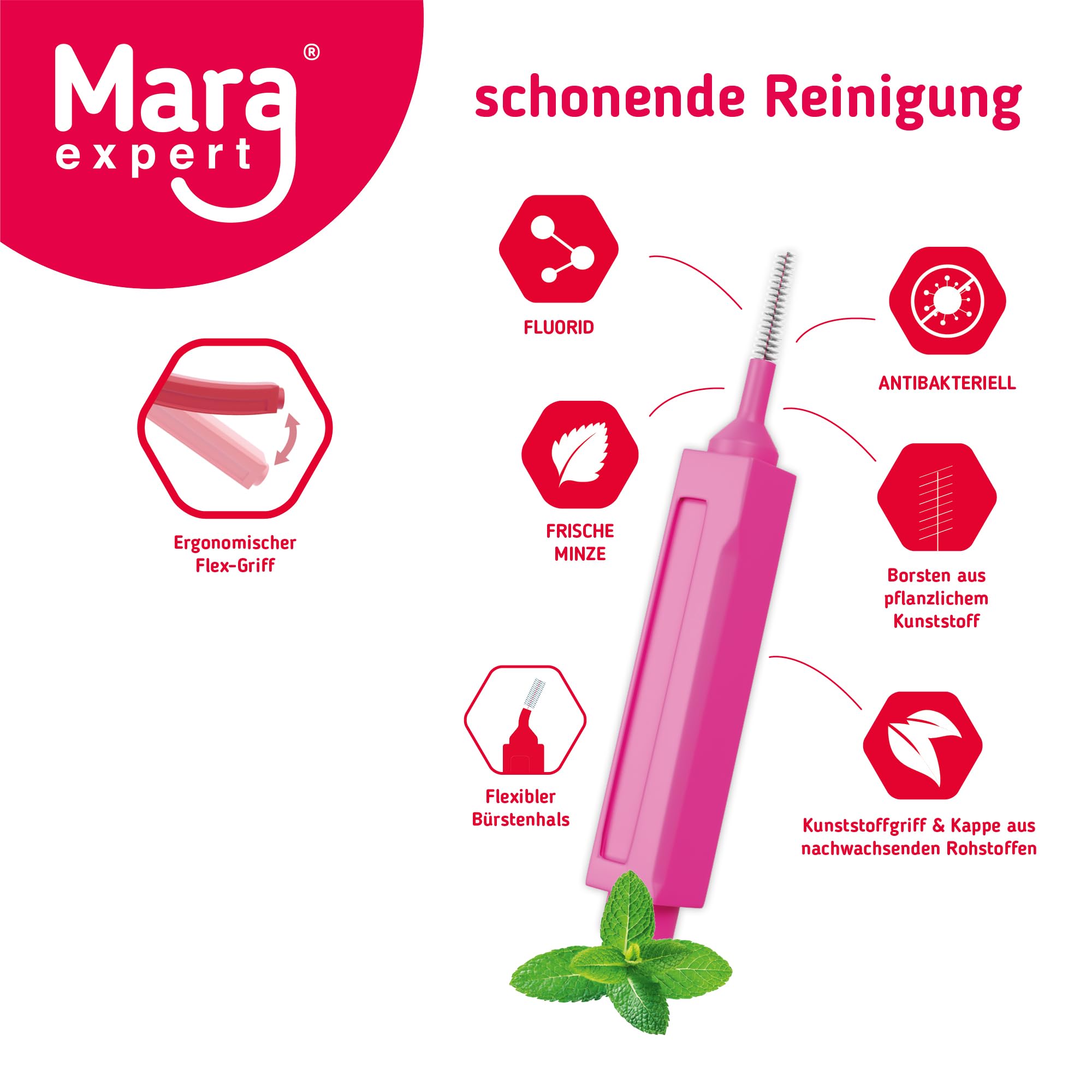 MARA EXPERT Cepillos interdentales ISO 2 – 10 x 8 cepillos interdentales rosa – Cepillo interdental con cerdas naturales – Manual, estacionario, para dientes, implantes, coronas, aparatos ortopédicos