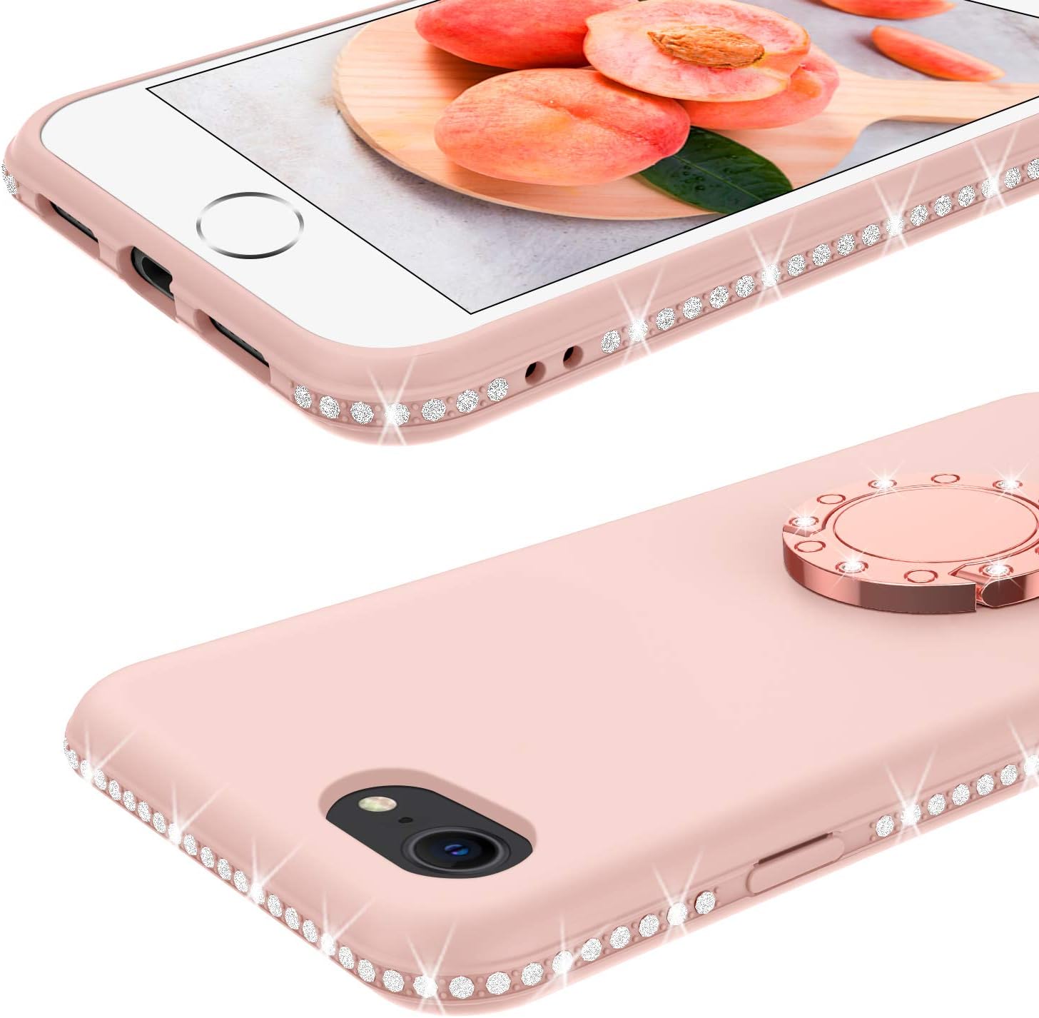 BENTOBEN iPhone SE 2020 Case, iPhone 8/7 Case, Slim Silicone Rhinestone Bumper 360° Ring Holder Kickstand Soft Rubber Shockproof Non-Slip Cover Women Girls Phone Case for iPhone SE 2020/8/7, Pink
