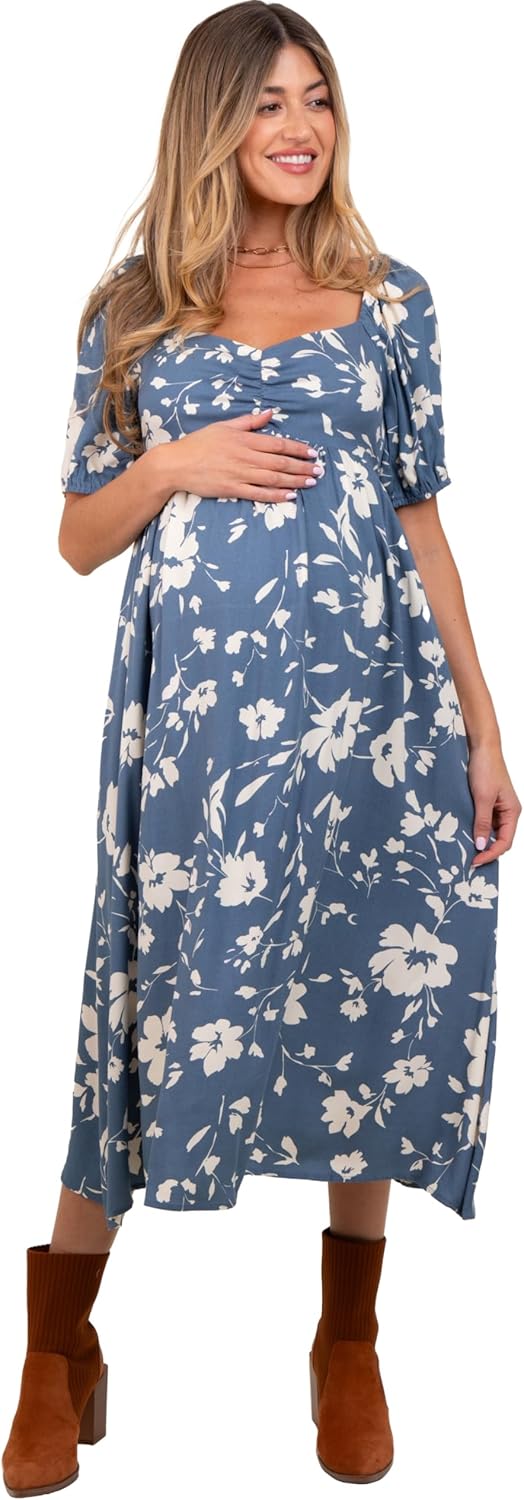 PinkBlush Light Navy Floral Sweetheart Neckline Maternity Midi Dress