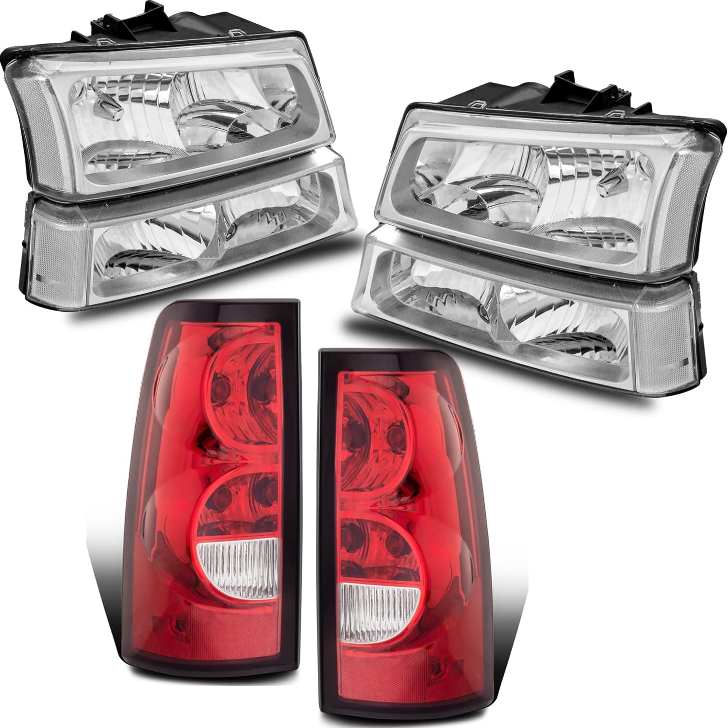 MOSTPLUS Headlight Assembly Compatible with 2003-2006 Chevrolet Silverado 1500 2500 3500+ Red Taillight Headlamp Pair with Chrome Housing/Transparent Lens/Transparent Cornor-(Fleetside Model Only)