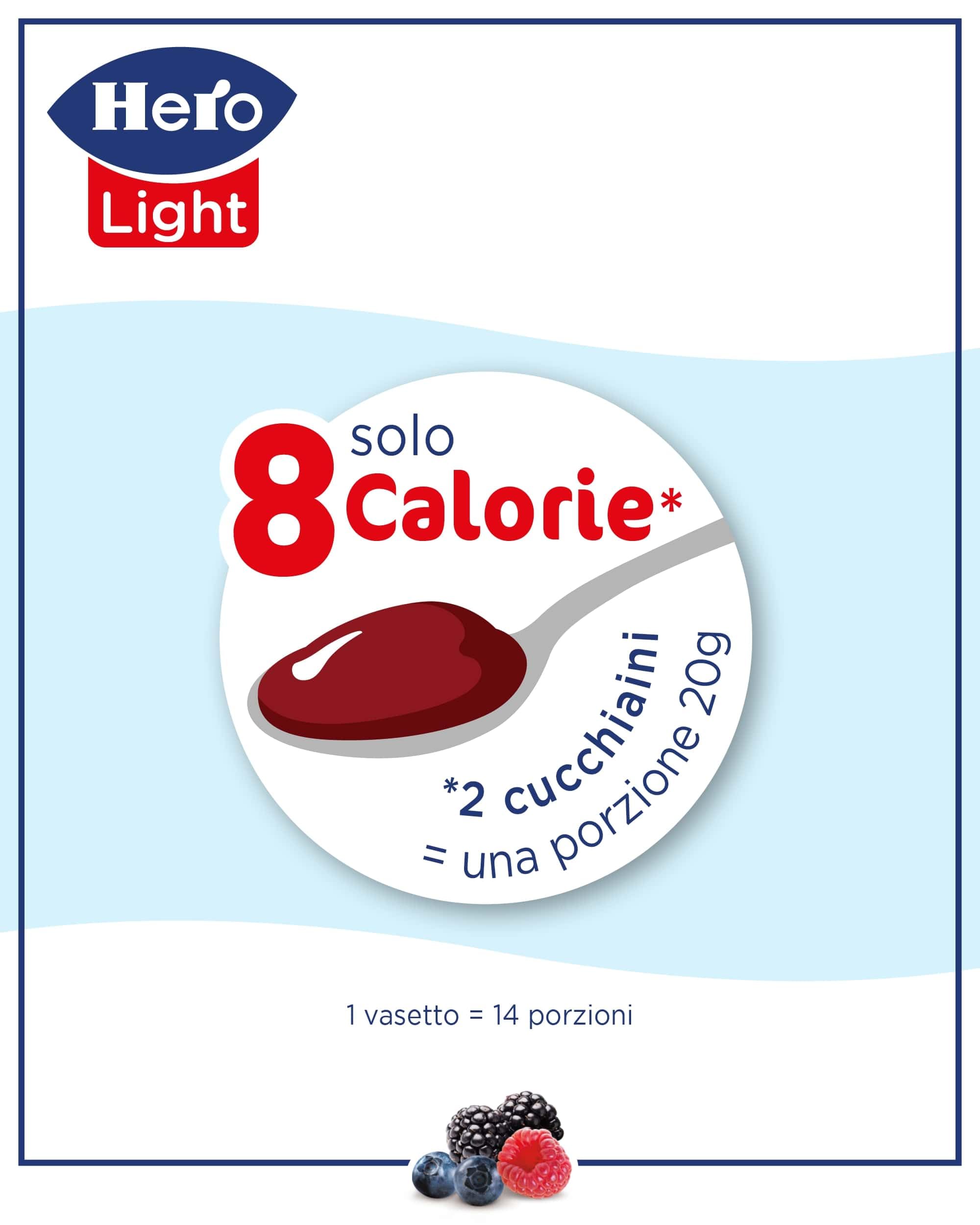 Hero Light Confettura di Frutti di Bosco Light, 8 Vasetti da 280 gr, Marmellata e Confettura Extra, Frutta di Alta Qualità, Senza Conservanti e Coloranti, Pochissime Calorie per Porzione