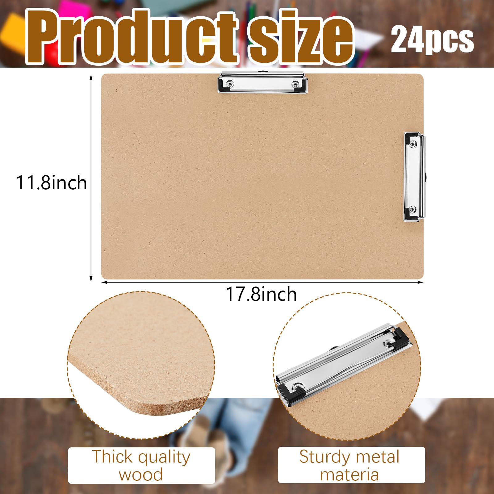 Henoyso Klemmbrett aus Holz mit flachem Profil, Braun, Doppel-Landschaftsclip, Hartfaserplatte, Zeichenbrett, Querformat, horizontal, großes Klemmbrett für Schreibtisch, Papier, Skizzieren