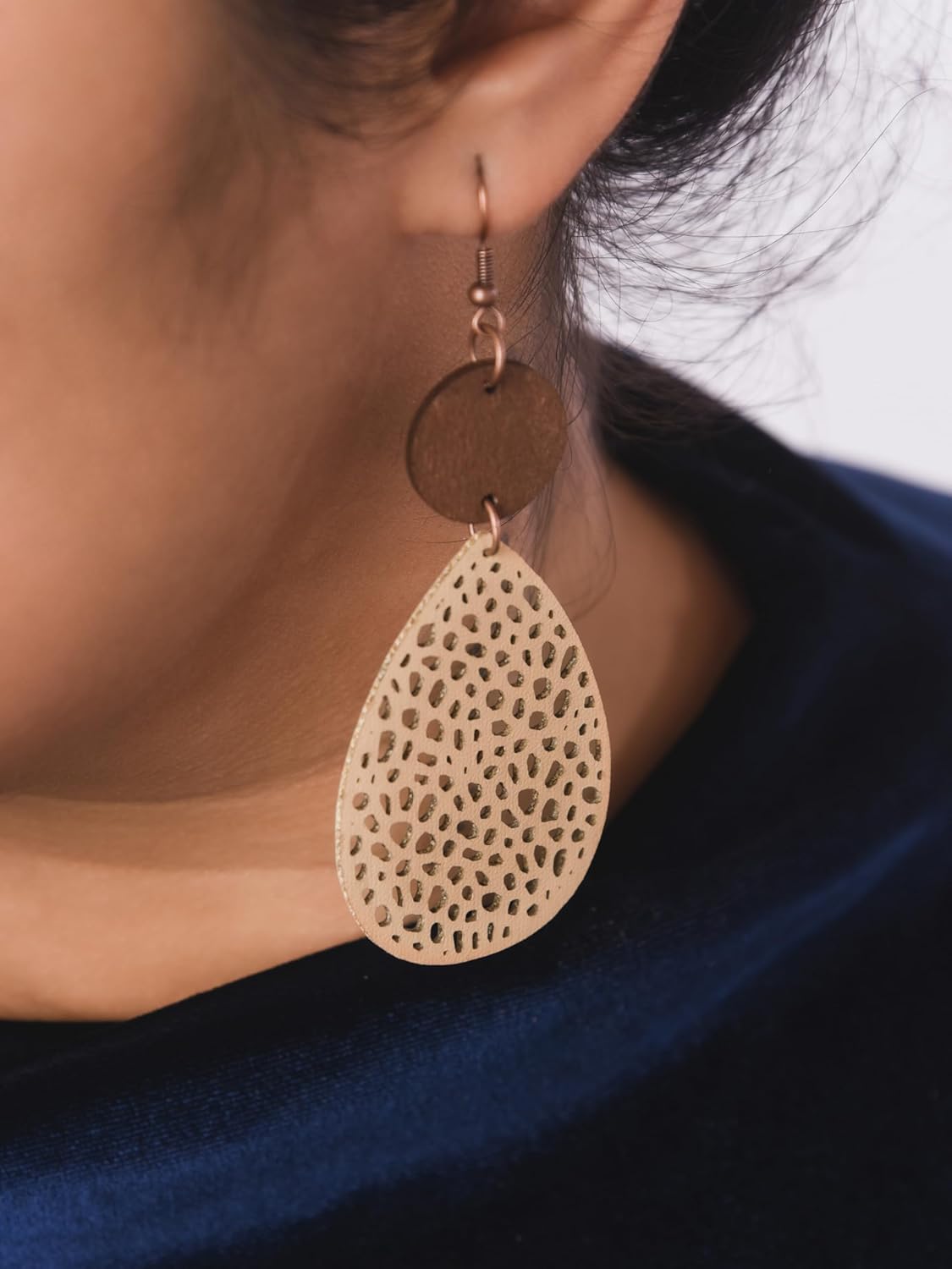 MINACHI Bohemian Hollow Cut-Out Wood Leather Dangle Drop Earrings, Boho Chic Hippie Statement Jewelry Gift for Women - Image 6