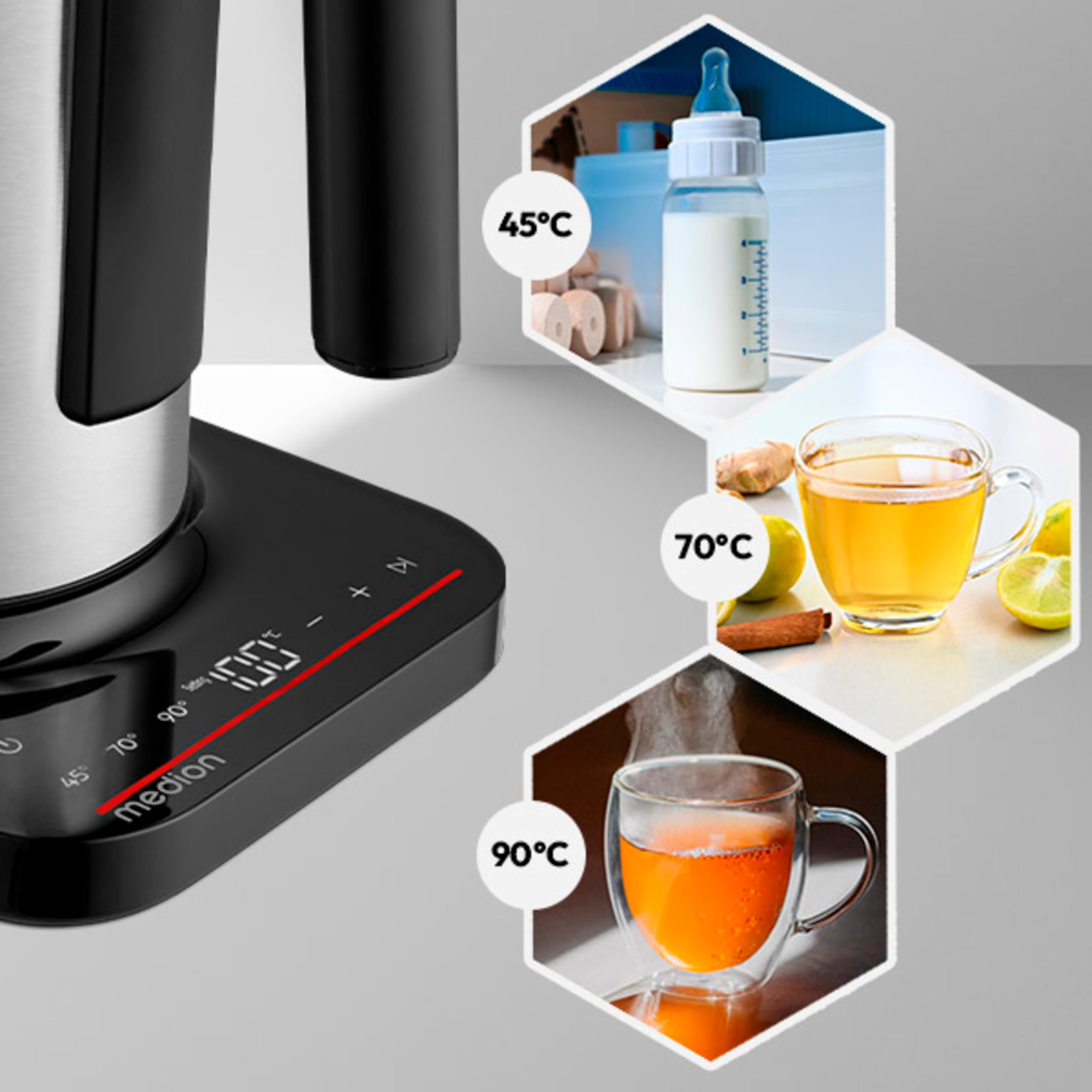 MEDION Hervidor digital LIFE MD12106, potencia de 2200 vatios, capacidad de 1,5 litros, pantalla LED, barra luminosa LED, programas automáticos, seguridad para niños, color plateado.