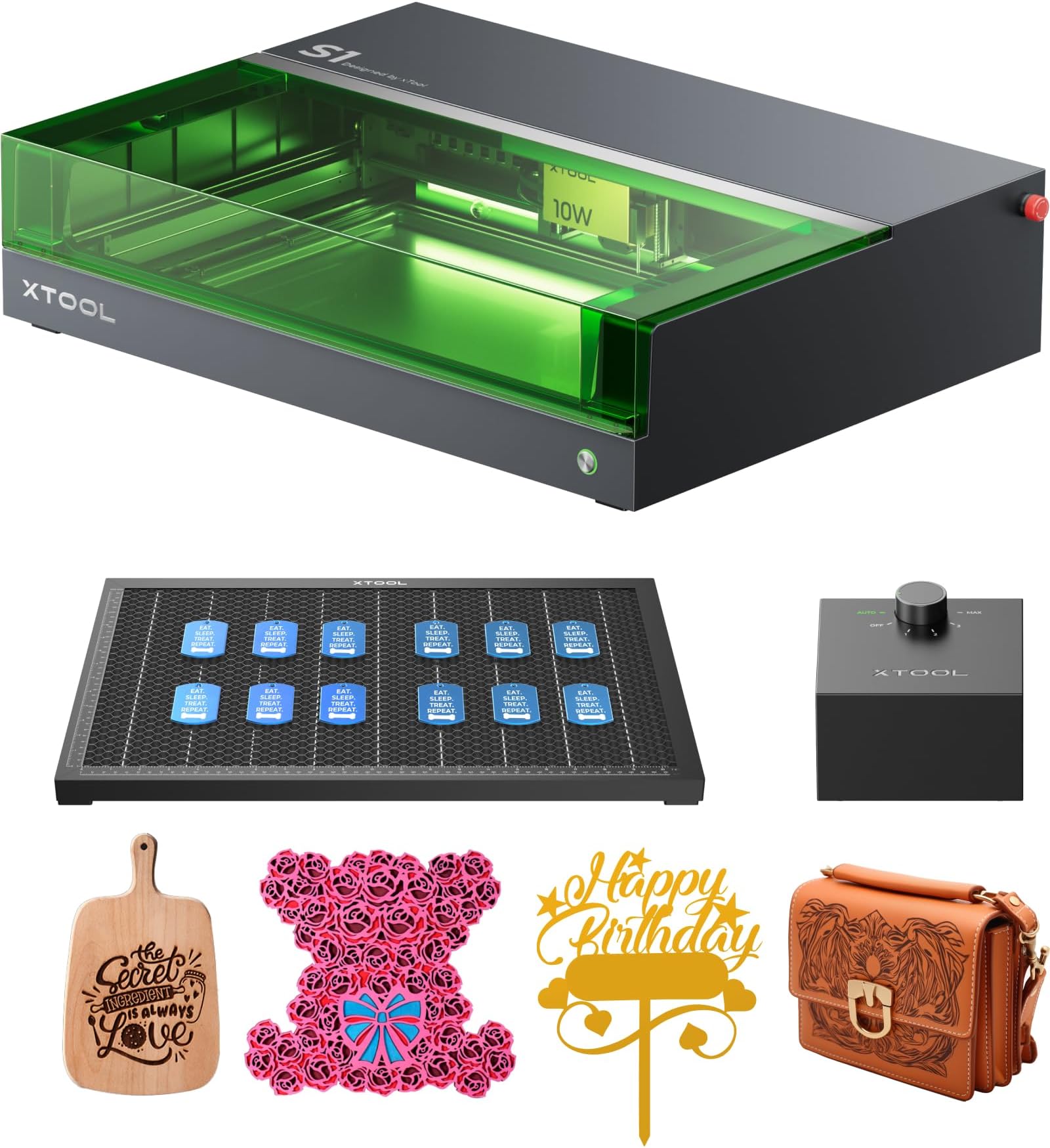 S1 10W Engraver Machine with Honeycomb Working Sheet & Smart Air Assit, Enclosed Engraver and Cutter for Home Craft DIY, Auto-Focus, Precise Engraving on Wood, Metal, Acrylic, Leather