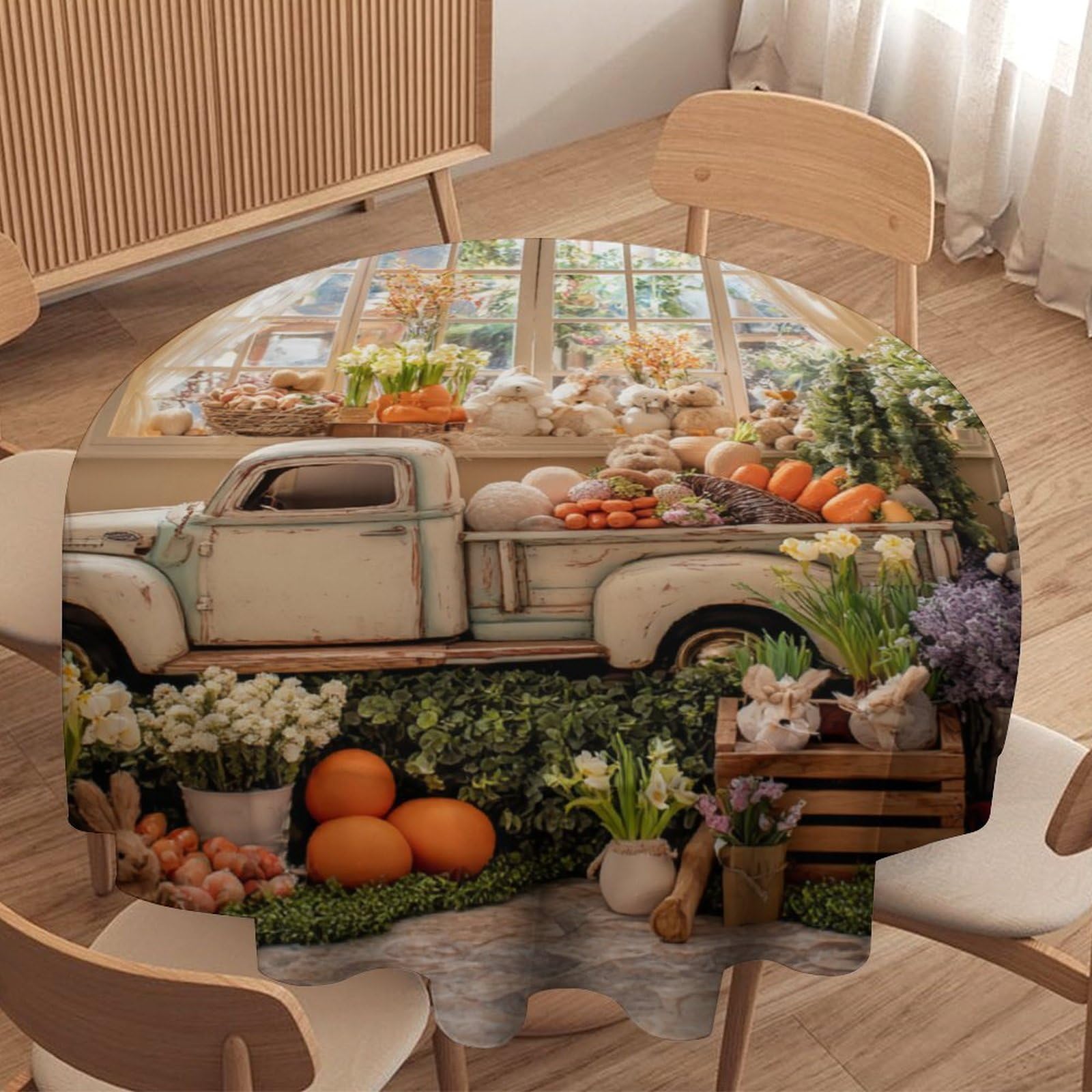LUYYSKY Fantasy Abstract Colorful Eggs Round Tablecloth Rustic Oil Painting Easter Spring Floral Blue Truck Pattern Washable Decor for Table Cover for Kitchen-177.8" Wx177.8 L cm