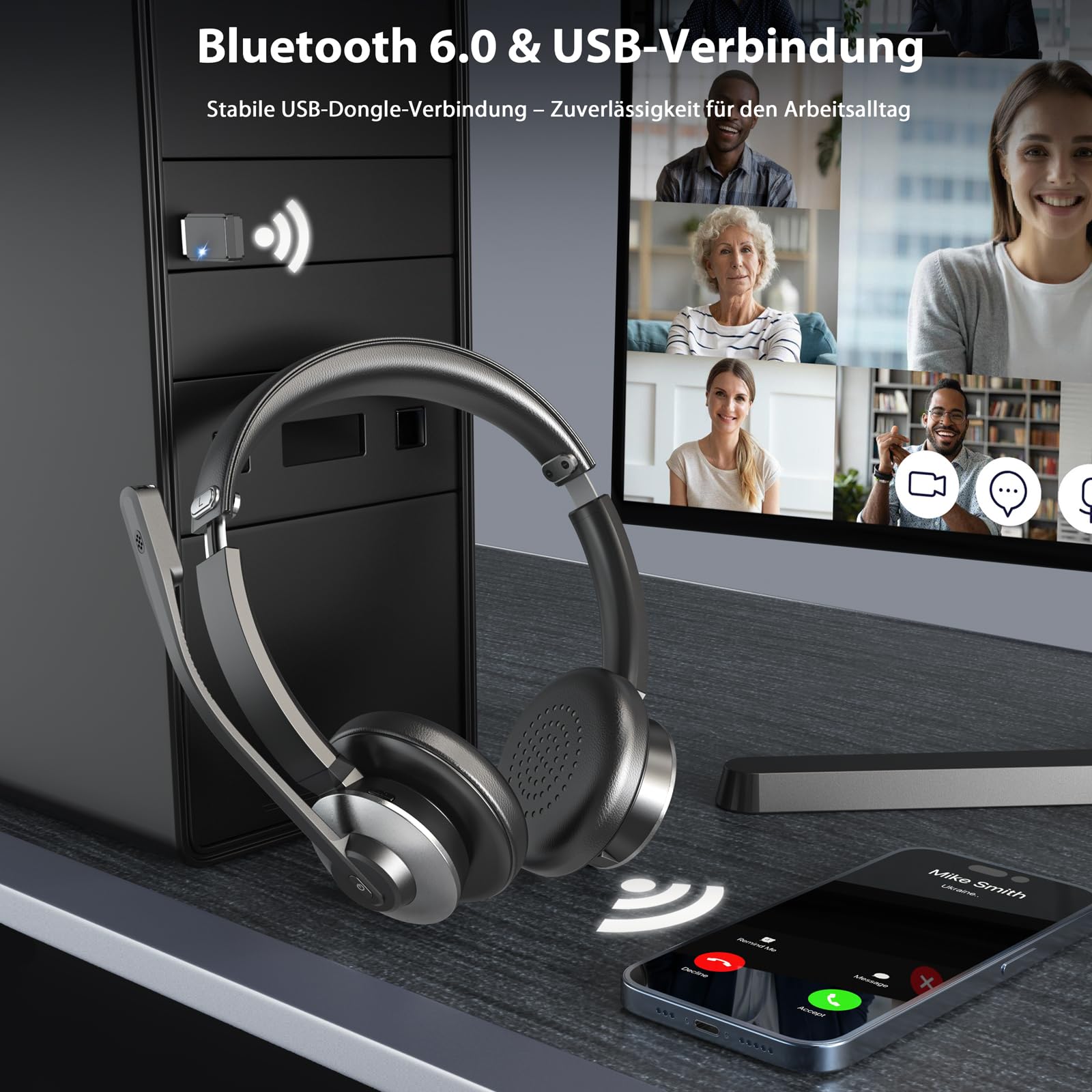 Bluetooth Headset mit Mikrofon, Kabelloses Office Headset mit ENC Mikrofon