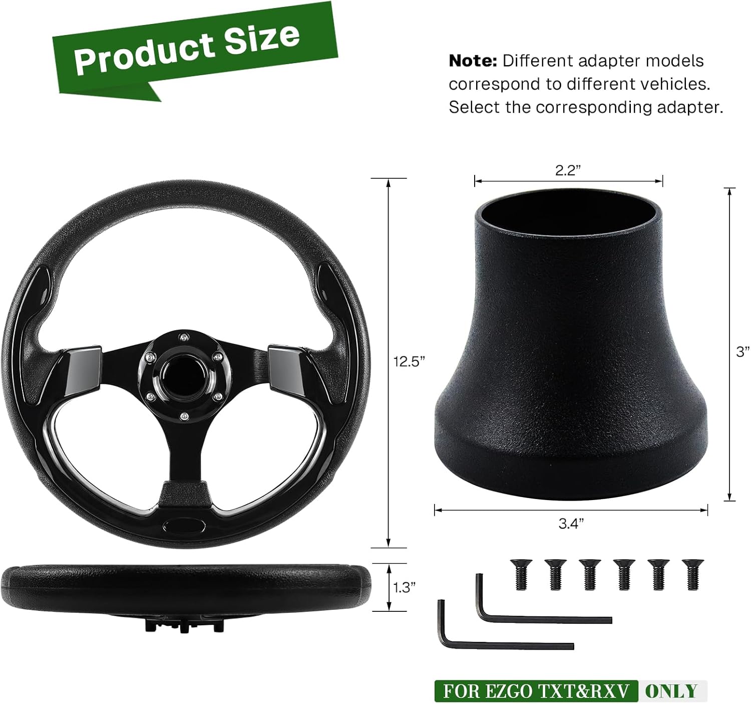 Golf Cart Steering Wheel and Golf Adapter for EZGO TXT & RXV Golf Carts Adapter Skid -(5156BLACK)