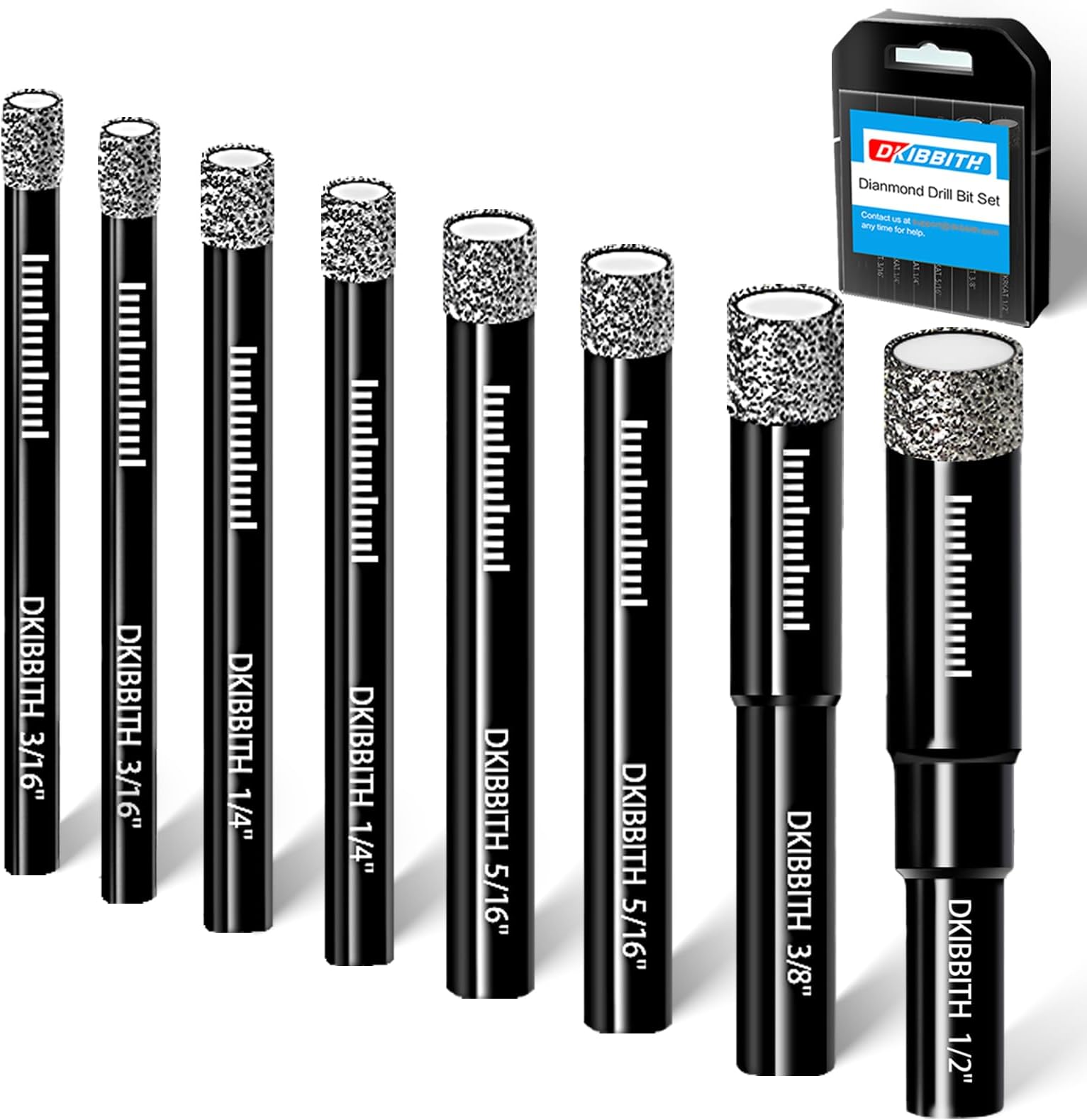 8 Pack Diamond Drill Bits Set for Granite Ceramic Marble Tile Stone Glass Hard Materials, Integrated Coolant for Fast Dry Drilling, Size 3/16 1/4 5/16 3/8 1/2 inch Masonry Core Drill Bits, Round Shank