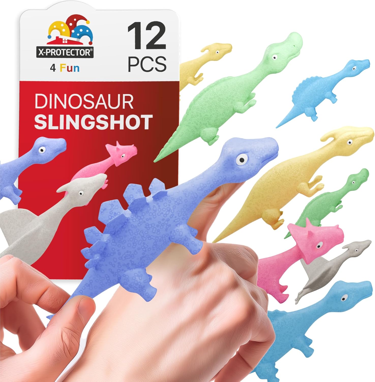 X-Protector Rubber Dinosaur Slingshot - 12 PCS Pack - Flying Finger Slingshot - Dinosaur Flingers Sling Shot Toys for Kids - Funny Adult Pinata Stuffers - Premium Slime for Fingers!