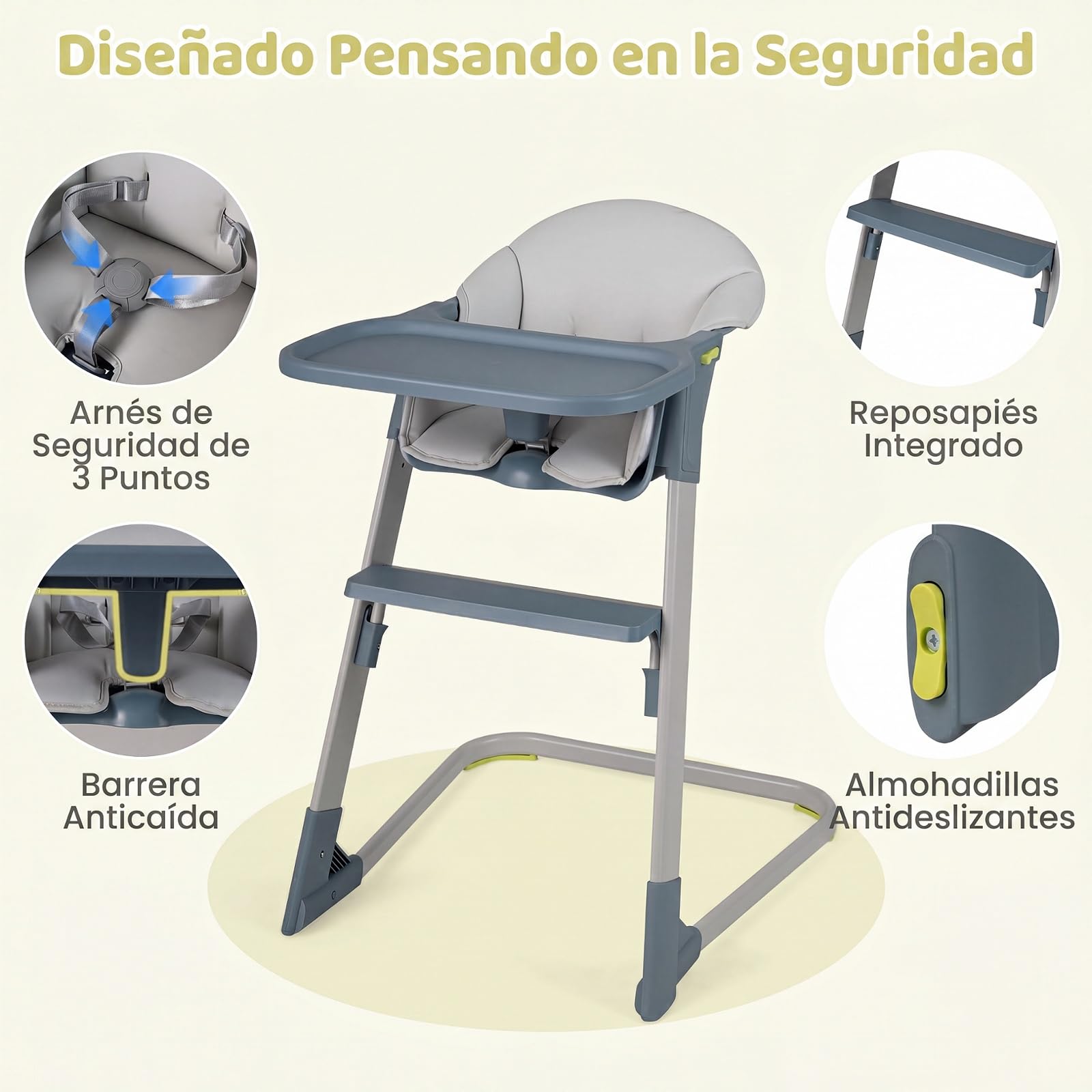 COSTWAY Trona para Bebé, Silla de Comer Alta | con Bandeja Extraíble y Ajustable, Arnés de Seguridad, Reposapiés, Estructura de Metal, Asiento Infantil para Hogar, 58 x 62