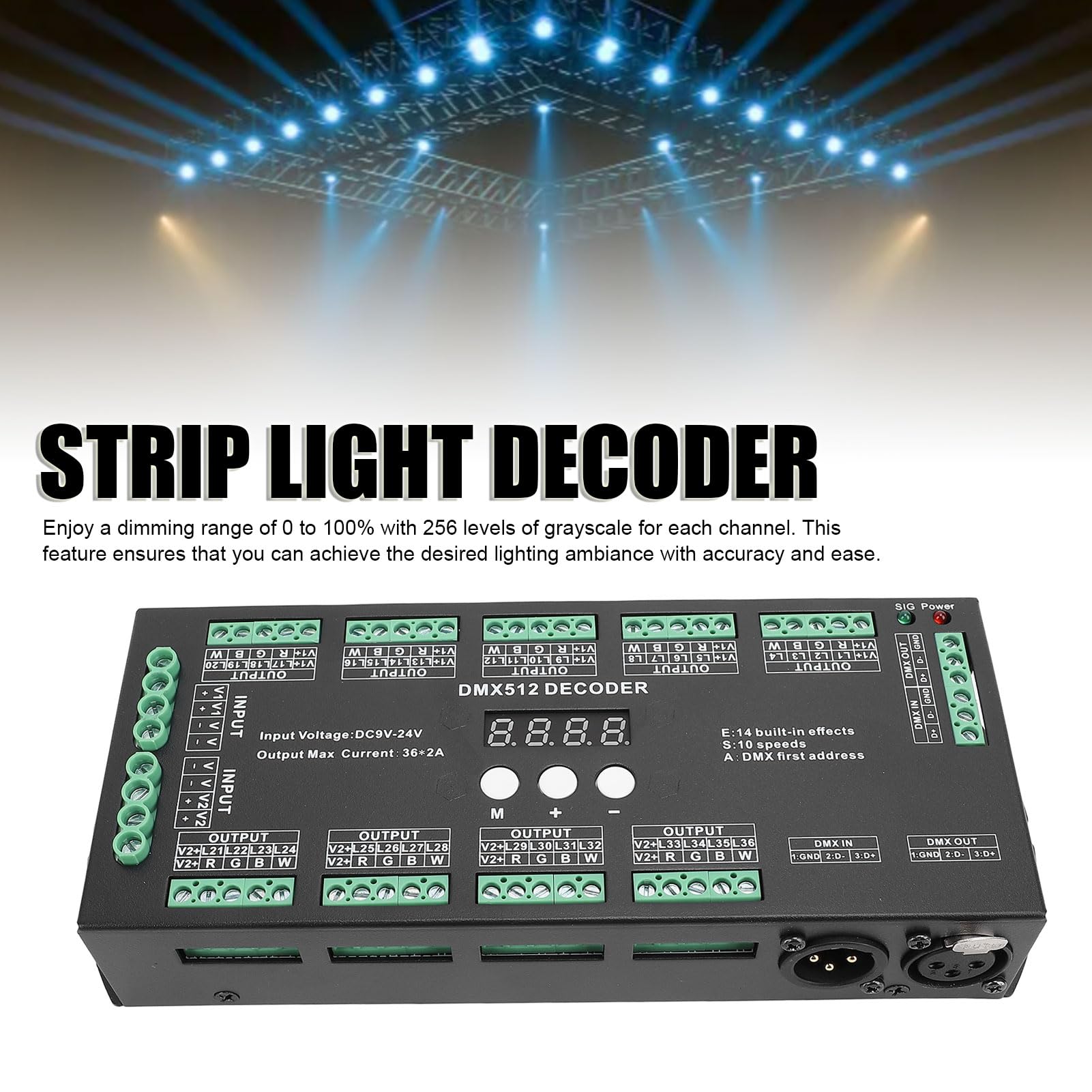 Pyhodi DMX 512 LED -Decoder -Controller 36Ch Digital Display Decoder, 3.46x1.50x8.62in LED -Digitalanzeige Decodering, 2A RGBW Multiple X Decoder -Controller für Strip Light