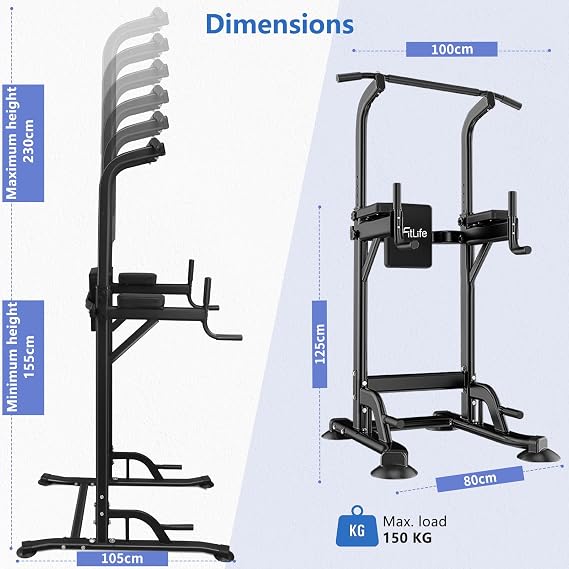 DH FitLife Power Tower Dip Station | Pull Up Bar with Backrest & Dip Bars
