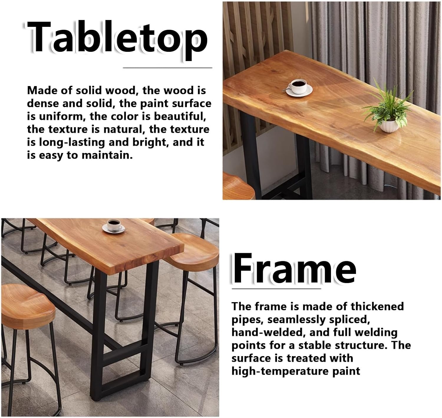 Industrial Solid Wood Live Edge Bar Table, Narrow Rectangular Pub Height Table with Metal Base, for Restaurant, Cafe, Home Kitchen (Stool Not Included)(63" L*13.8W*41.3" H)