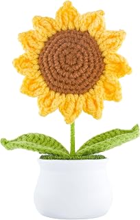 Sunflower Decor Mini Crochet Small Patted Artificial Plants Flowers Table Desk Home Office Indoor Decoration (Light Orange, Small)