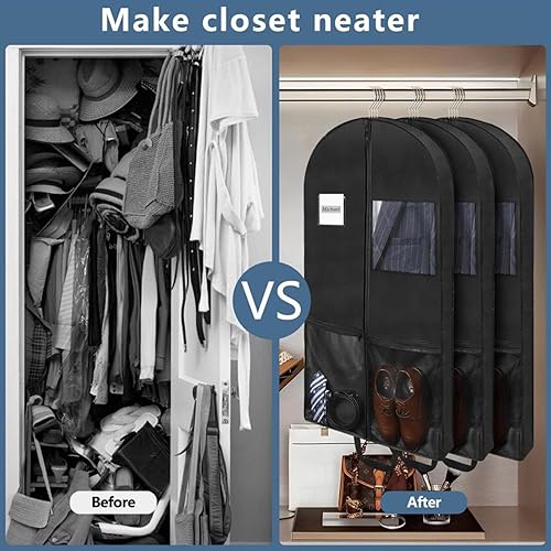 Miniatura 9 de Paquete de 3 bolsas de ropa de 43 pulgadas para almacenamiento en armario y bolsas de ropa de viaje para colgar ropa bolsa de traje con 2 bolsillos