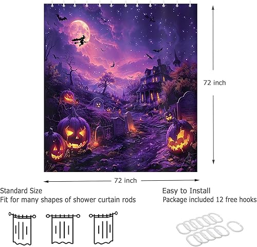 Miniatura 8 de JAWO Cortina de ducha de Halloween para baño, luna llena, noche de miedo, castillo, calabazas, cortinas de ducha con temática de fiesta,