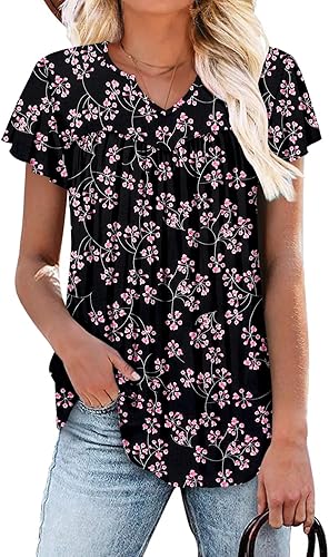 KISSMODA Tops for Womens Summer Cute Short Sleeve Shirts Trendy Notched Neck Blouses Casual Loose Pleated Tunics S-3Xl