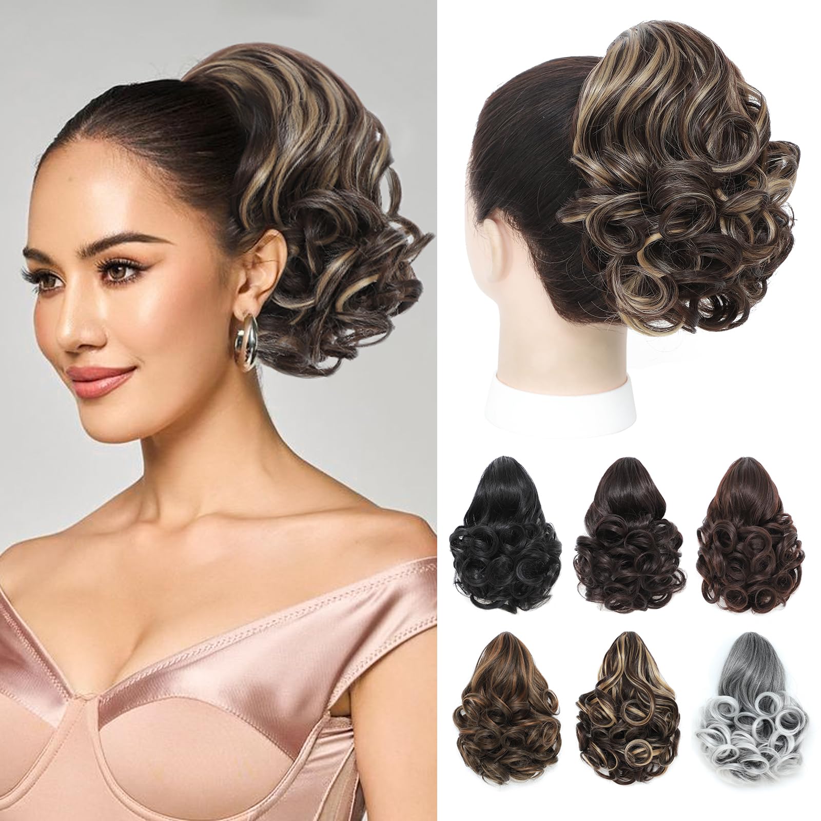 Photo 1 of Wirctp Ponytail Extension,10"Claw Clip in Ponytail Extensions Short Curly Ponytail Hairpiece for Women Fluffy Natural Synthetic Pony Tails for Daily Use(Chocolate Brown with Caramel Blonde Highlights)