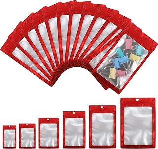 100PCS Small Sampale Bags(2.4 * 3.9inch), Smell Proof Resealable Bags with Clear Window, Party Favor Bag Great for Candy, Packing Bag (Red)