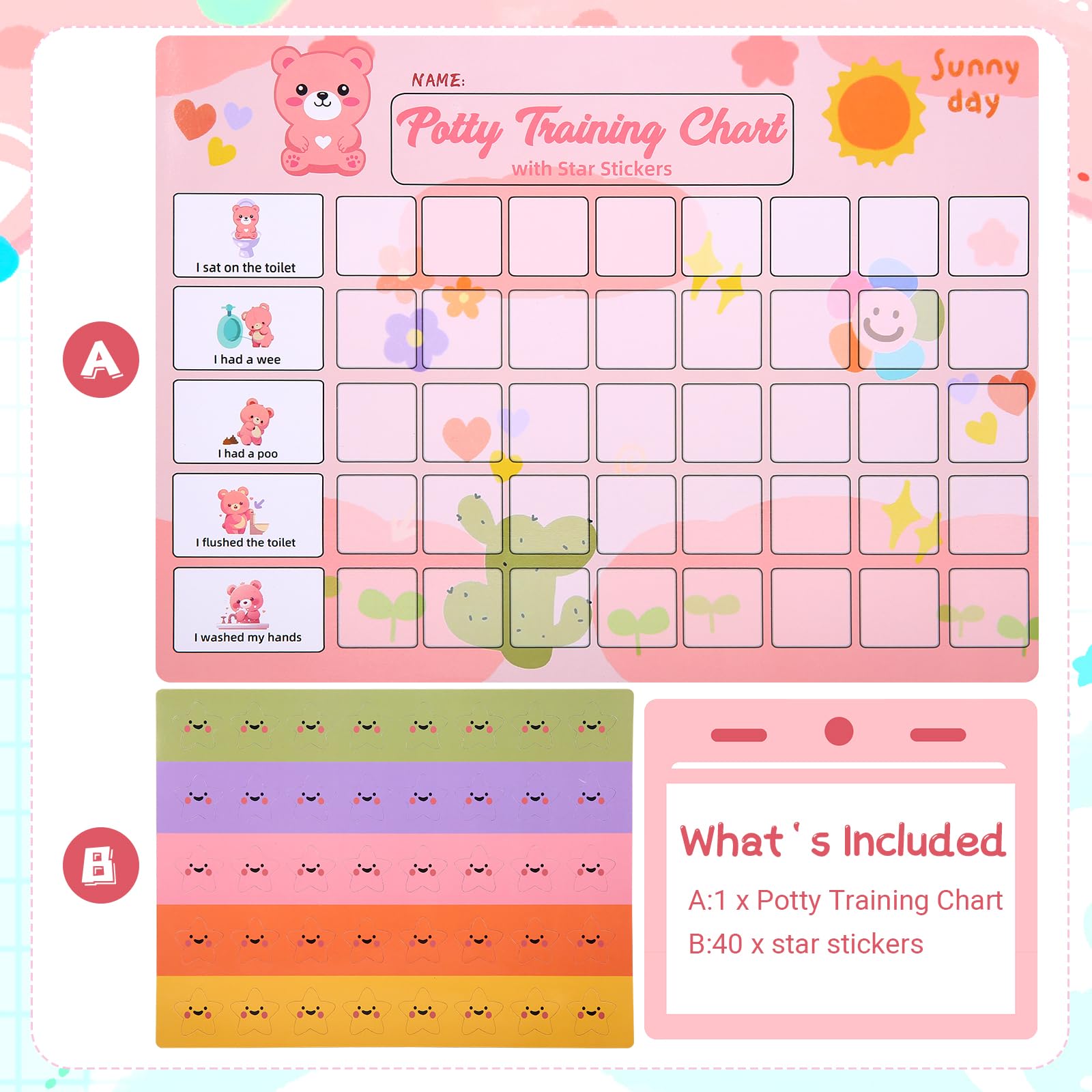 Potty Training Chart for Toddlers with 40 Large Reusable Magnetic Star Stickers, Interactive Reward Chart for Toilet Training (Pink Bear)