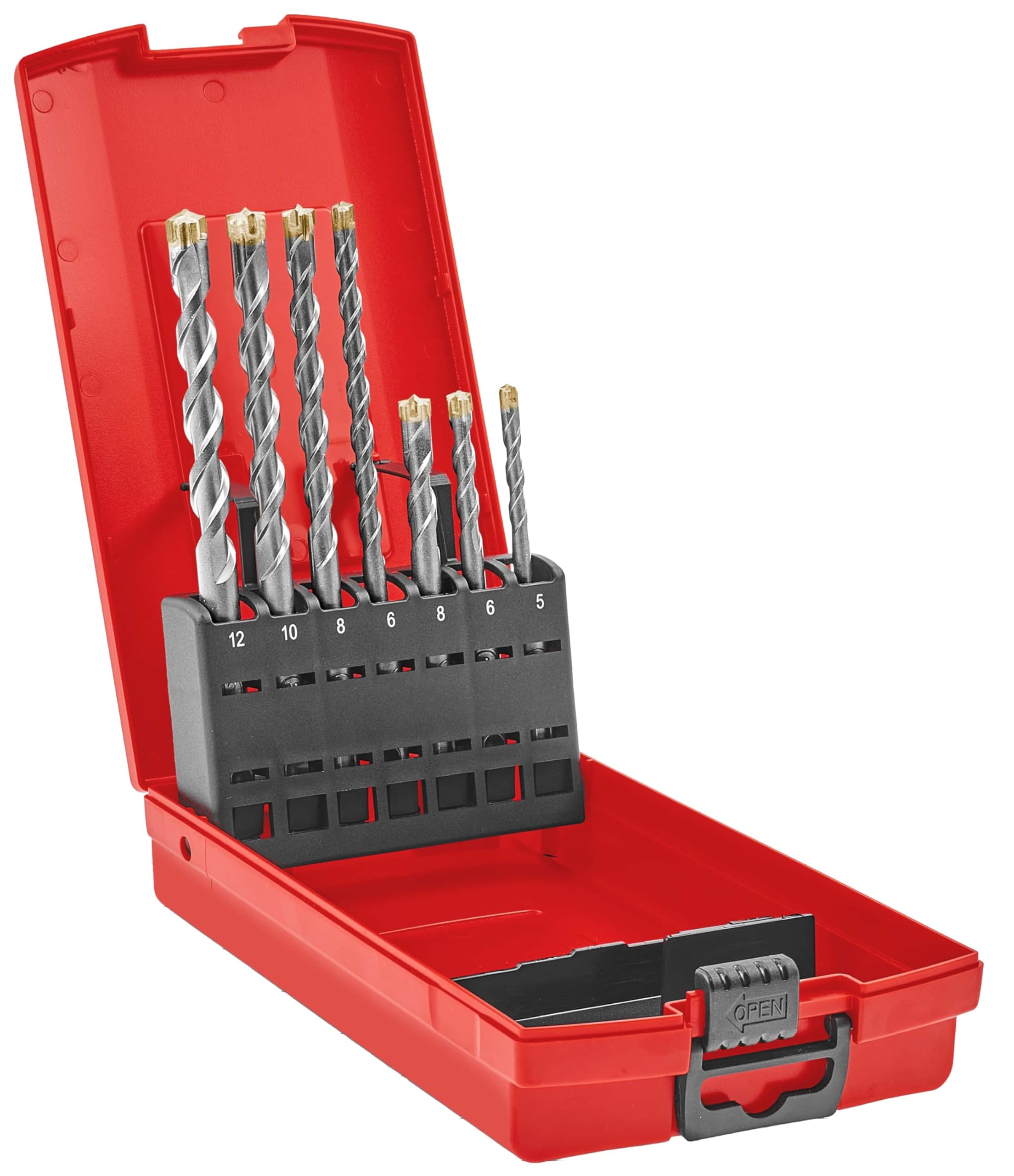 kwb SDS Plus - Juego de brocas para martillo SDS Plus (7 piezas, diámetro 5/6/6/8/8/10/12 mm x 110/160 mm, con carburo extremadamente rápido 4 filos de corte, para hormigón, piedra y mampostería)