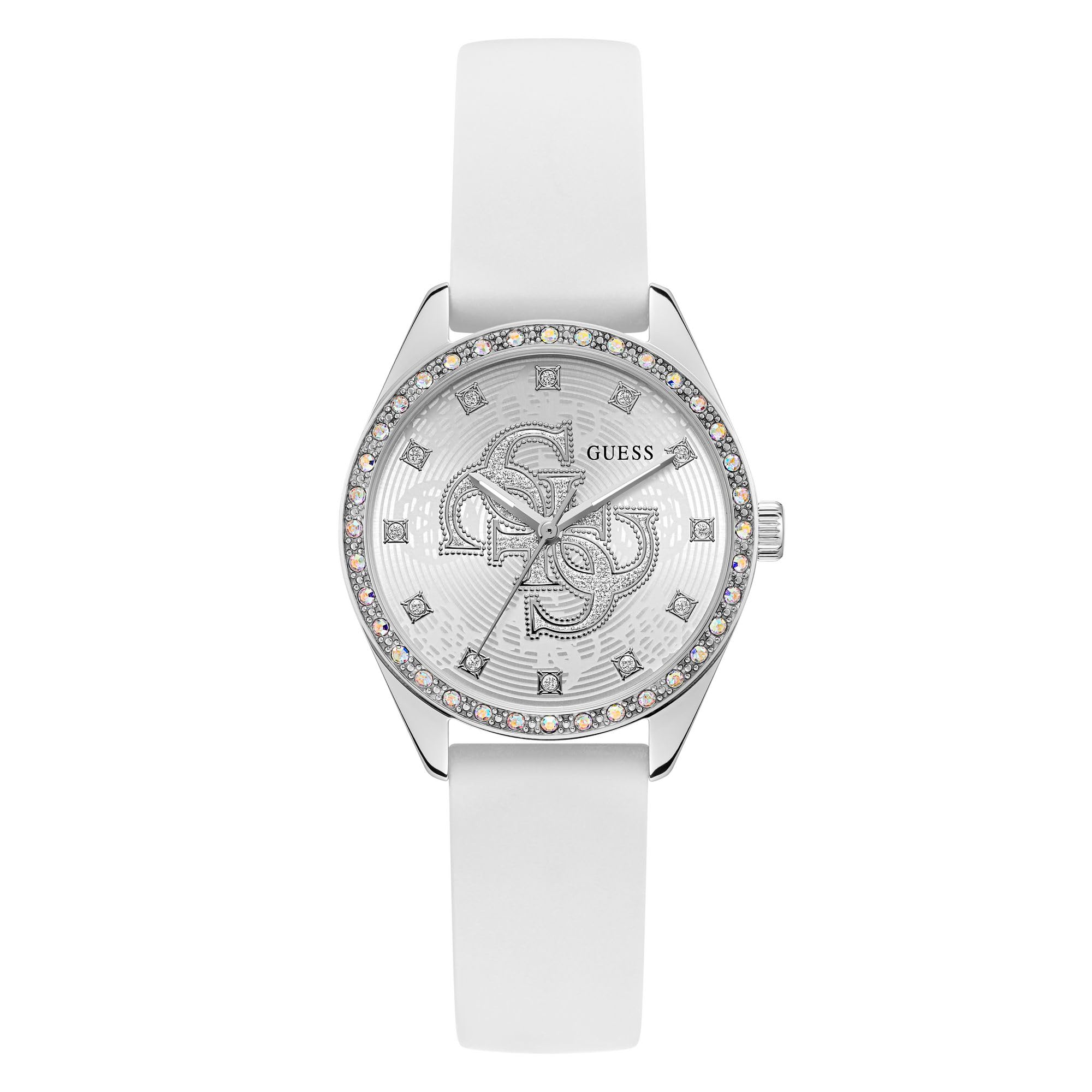 GUESS Reloj de Mujer AVA GW1042L1 Analógico, Movimiento Cuarzo, Caja Acero Inoxidable, Correa Blanca de Silicona