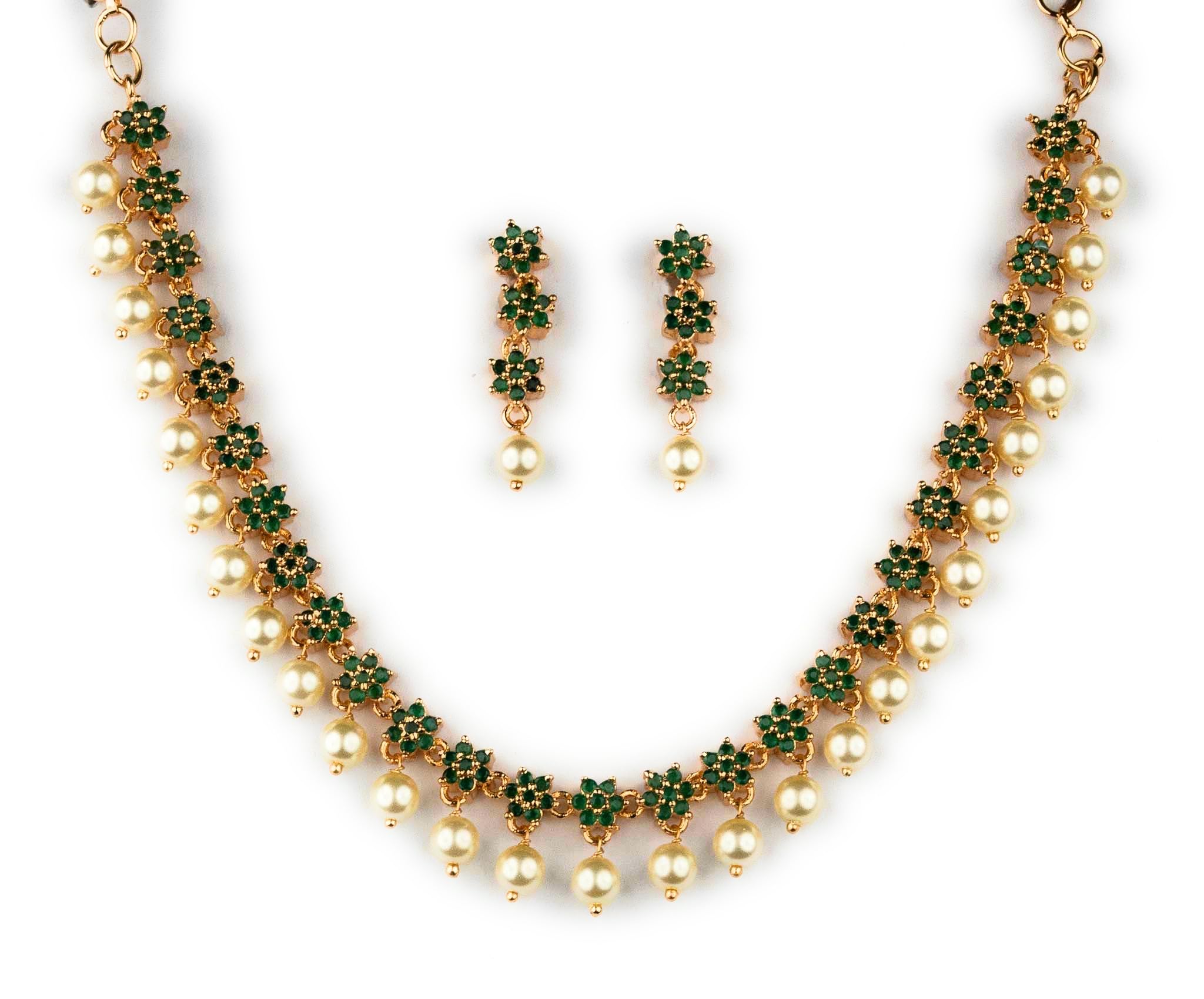 Dazzling Micro Gold Plated American Diamond Star Floral Necklace Set with Pearl Drops-image-16