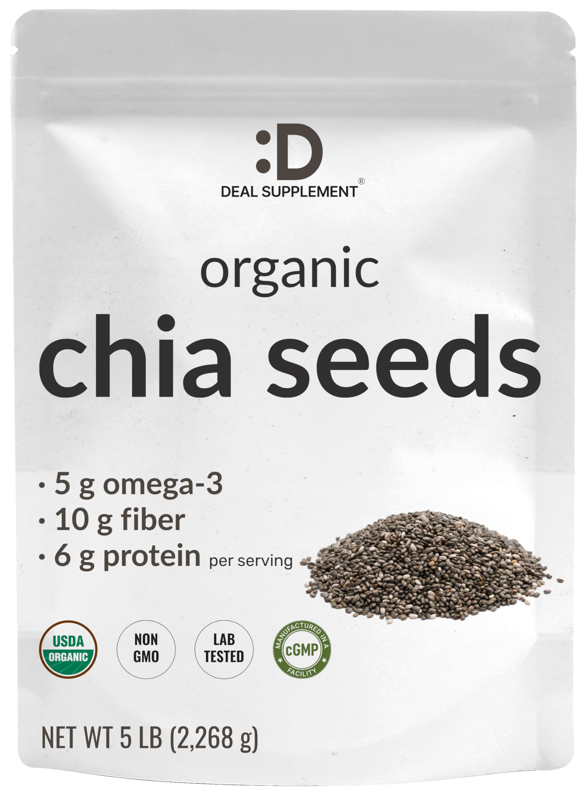 DEAL SUPPLEMENT 유기농 치아 씨앗, 2.3kg(5파운드) | 오메가-3, 섬유질 및 단백질이 함유된 생 치아 씨앗 공급원 | 스무디, 귀리 및 레시피에 적합 | 대량 공급 | GMO 프리, 글루텐 프리