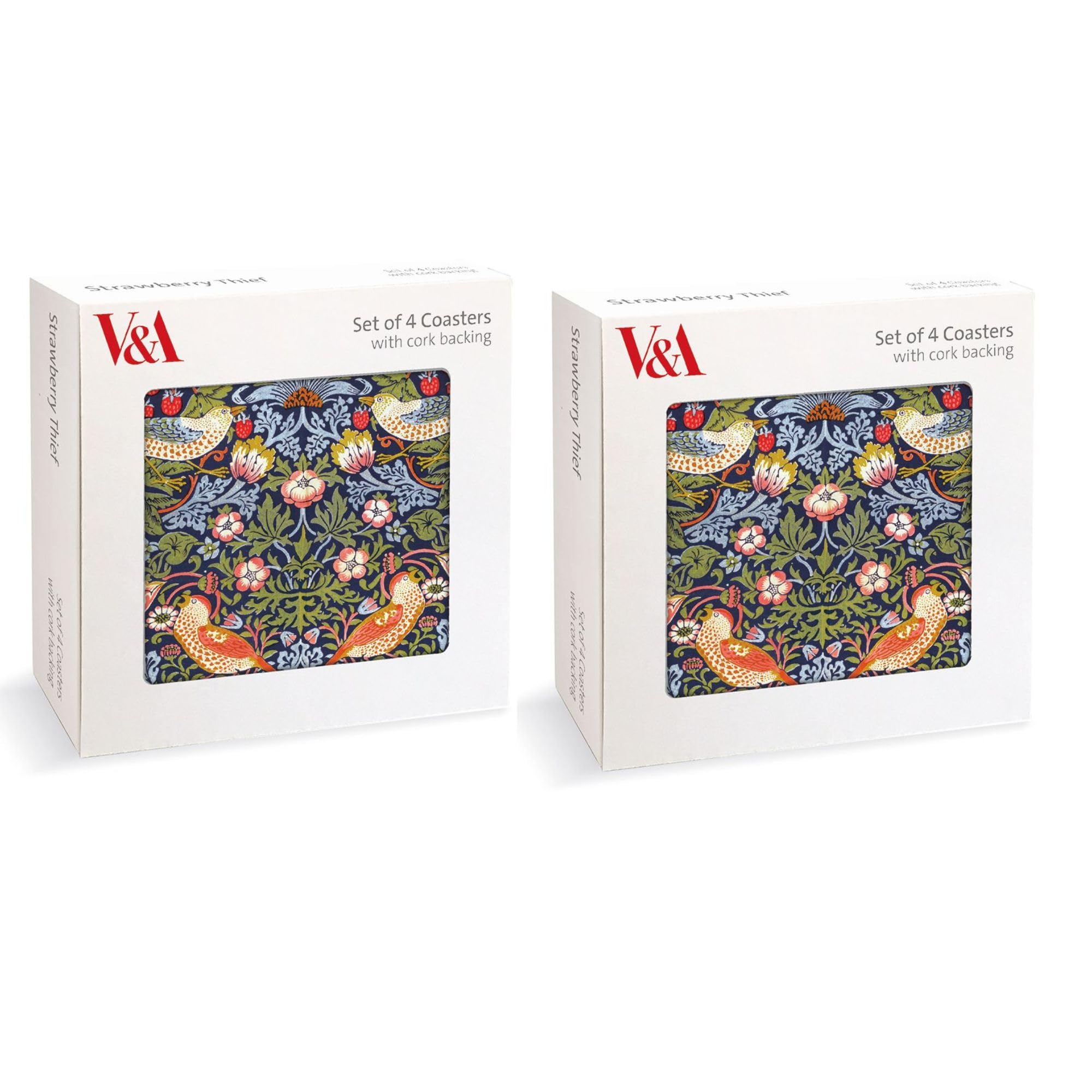 Museums & Galleries 2 Sets of 4 Cork Backed Coasters - William Morris Strawberry Thief Design - 8 V&A Statement Coasters for the Home